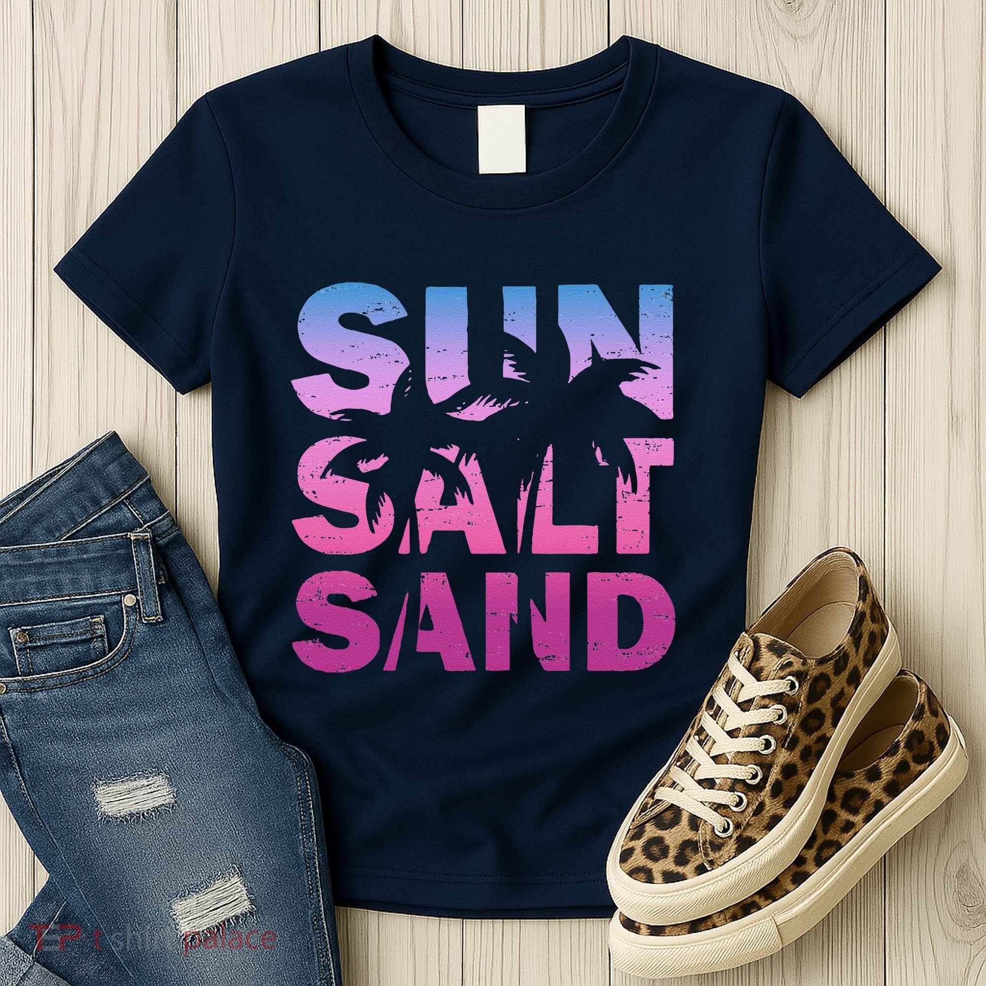 Sun Salt Sand Funny Palm Sun Retro Beach Summer Women's T-Shirt