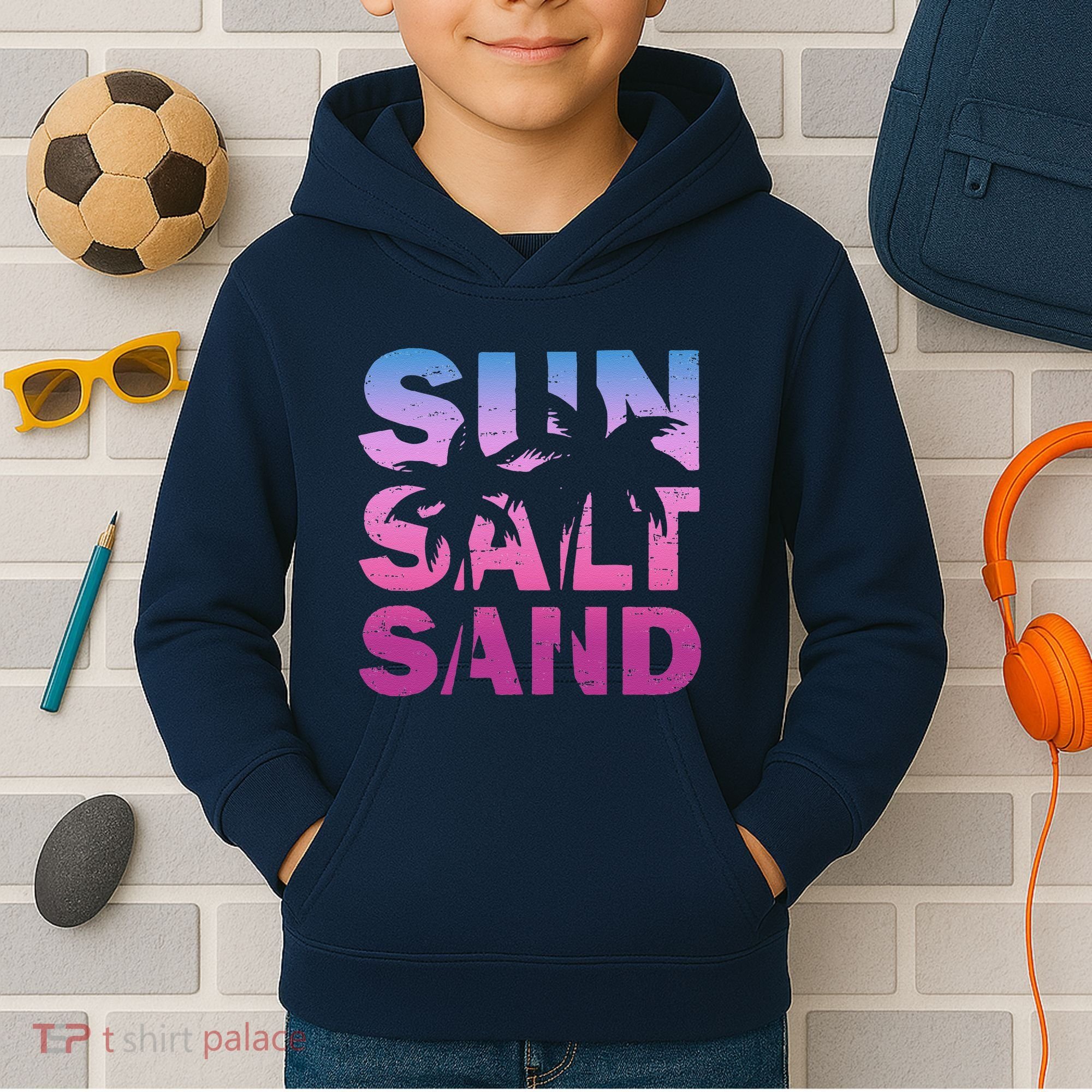 Sun Salt Sand Funny Palm Sun Retro Beach Summer Kids Hoodie