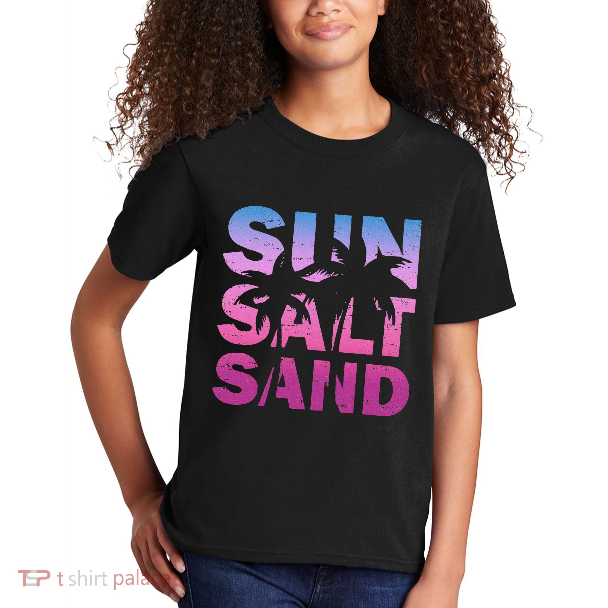 Sun Salt Sand Funny Palm Sun Retro Beach Summer Kids T-Shirt