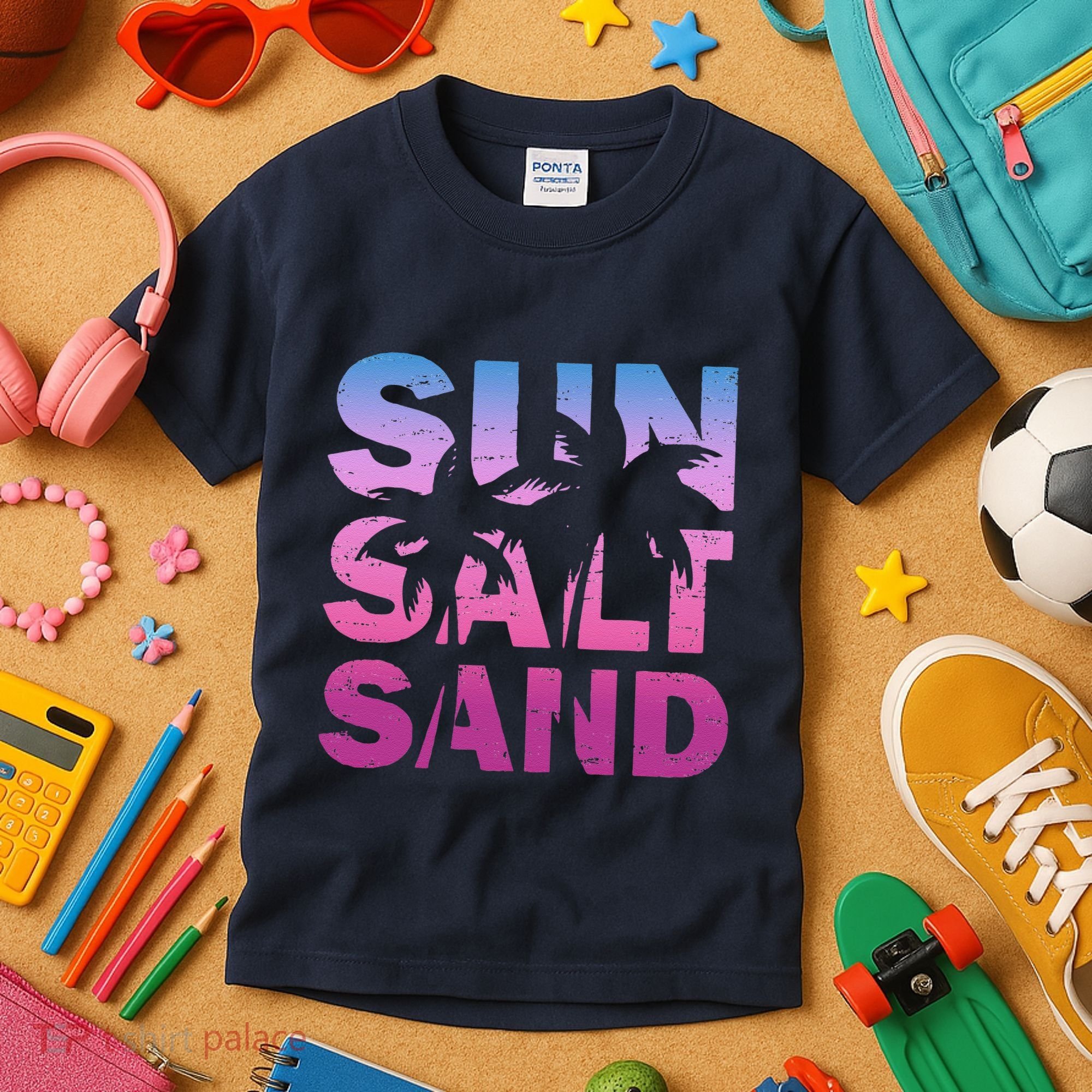 Sun Salt Sand Funny Palm Sun Retro Beach Summer Kids T-Shirt