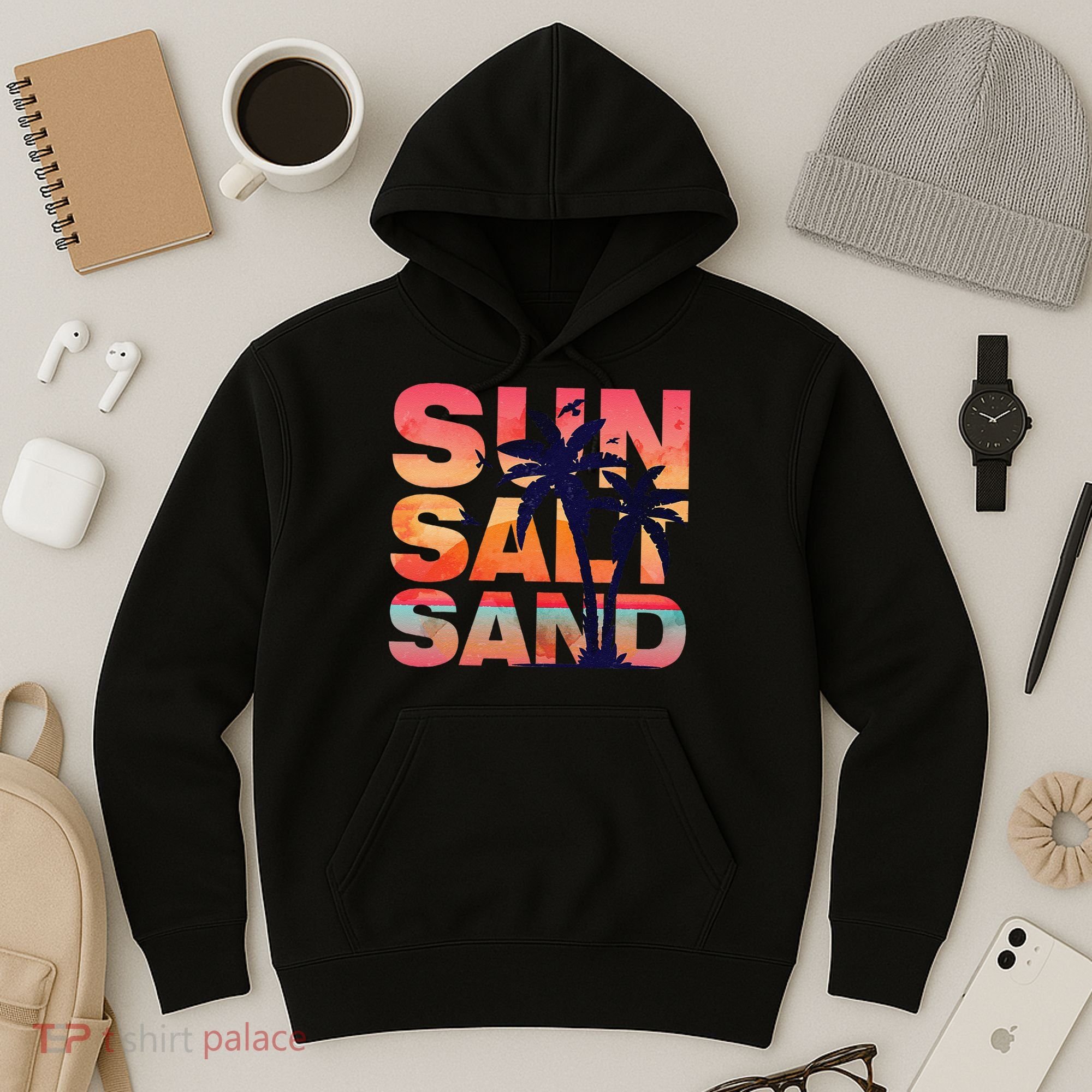 Sun Salt Sand Funny Beach Lover Summer Vacation Palm Tree Hoodie