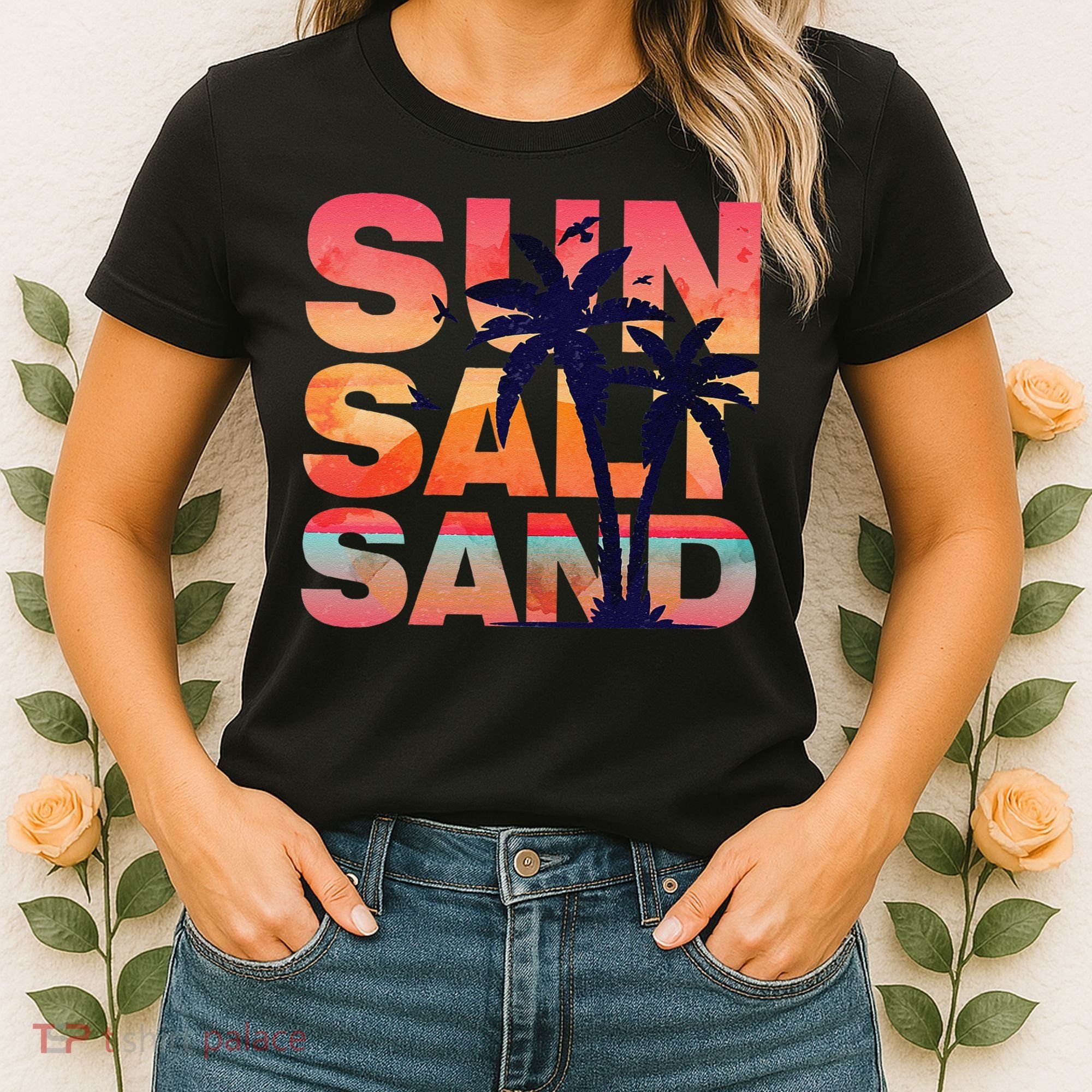 Sun Salt Sand Funny Beach Lover Summer Vacation Palm Tree Women's T-Shirt