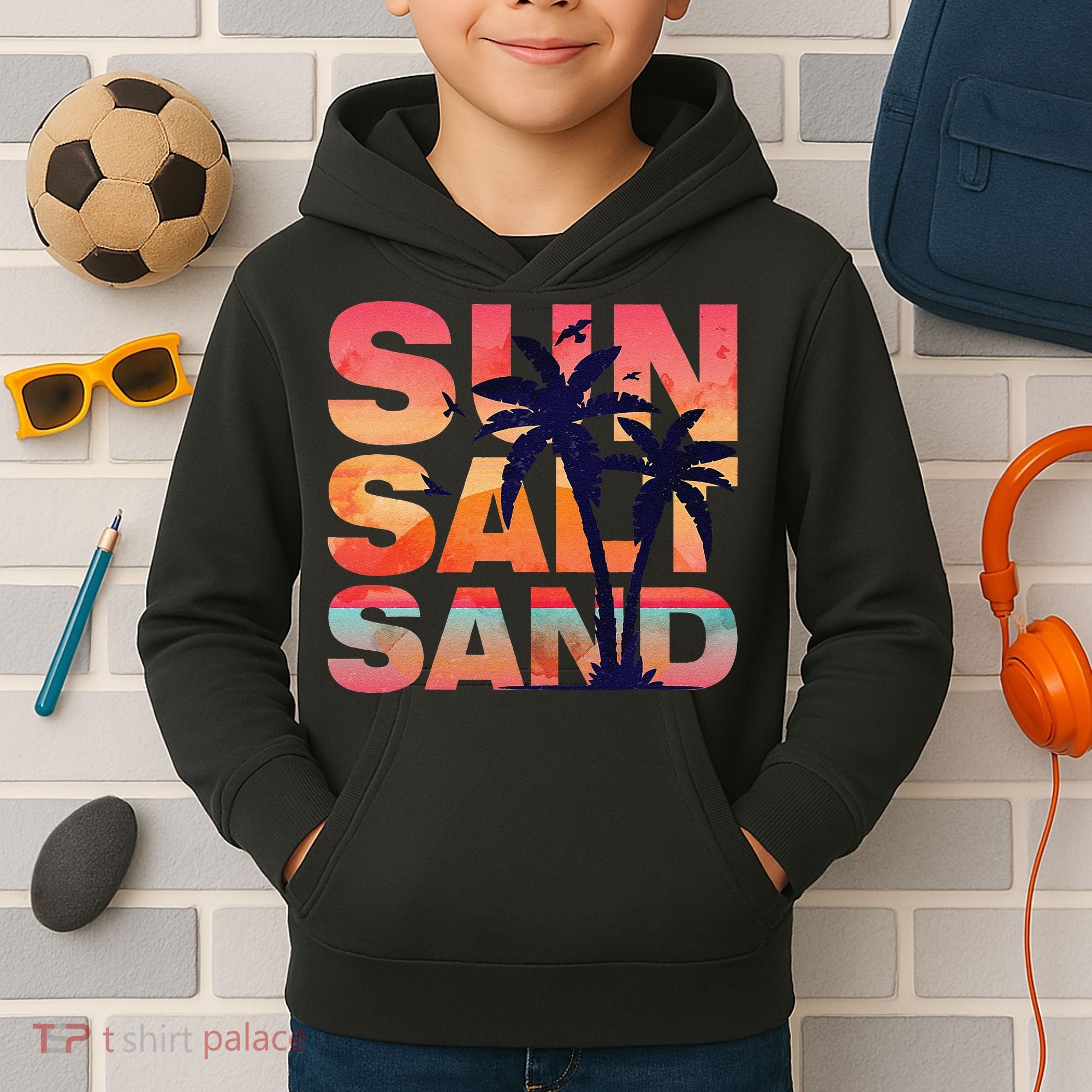Sun Salt Sand Funny Beach Lover Summer Vacation Palm Tree Kids Hoodie