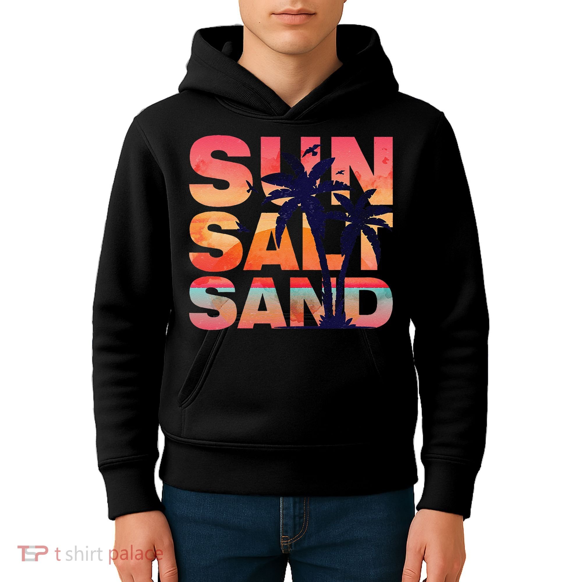 Sun Salt Sand Funny Beach Lover Summer Vacation Palm Tree Kids Hoodie