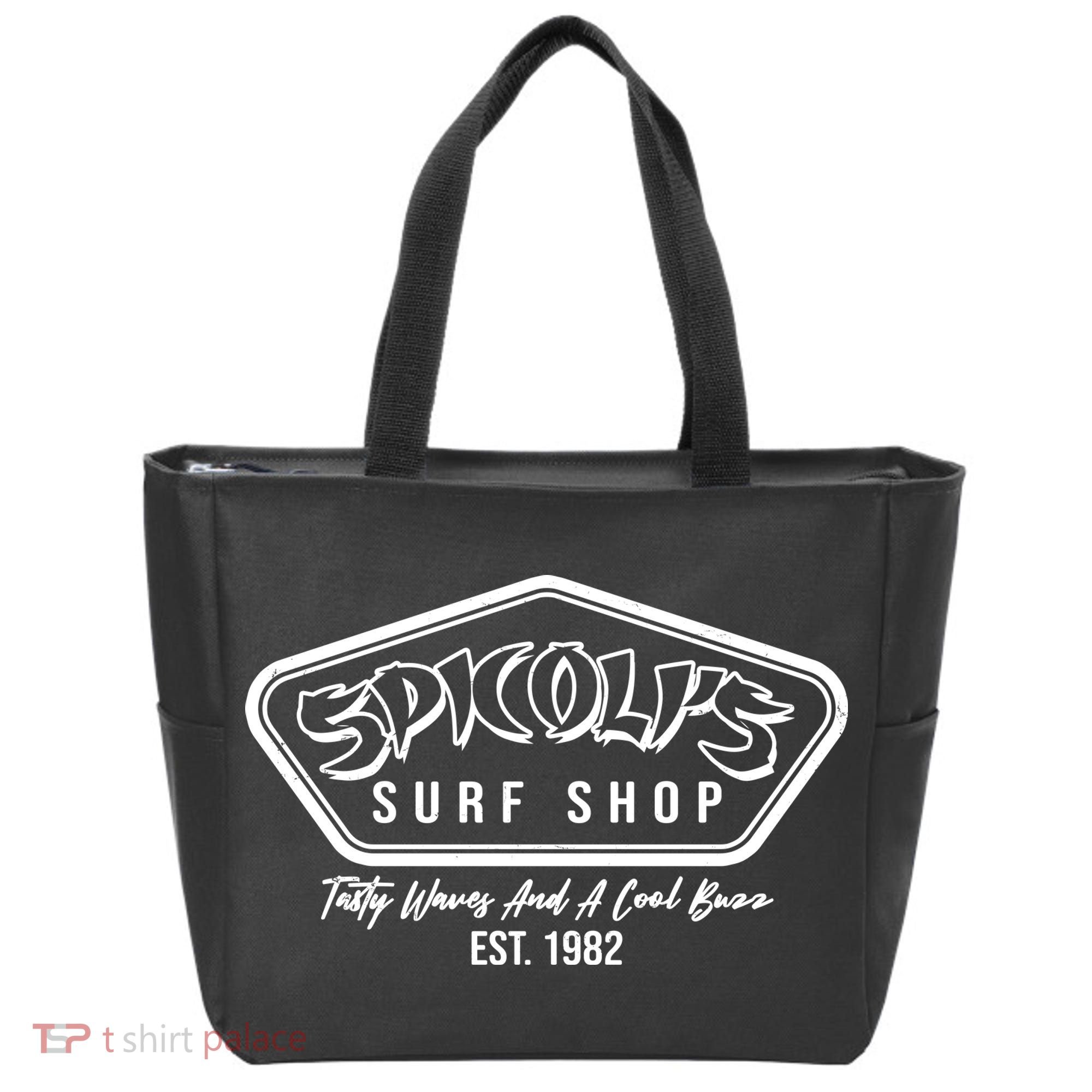 Spicolis Surf Shop Tasty Waves And A Cool Buzz Est 1982 Tote Bag