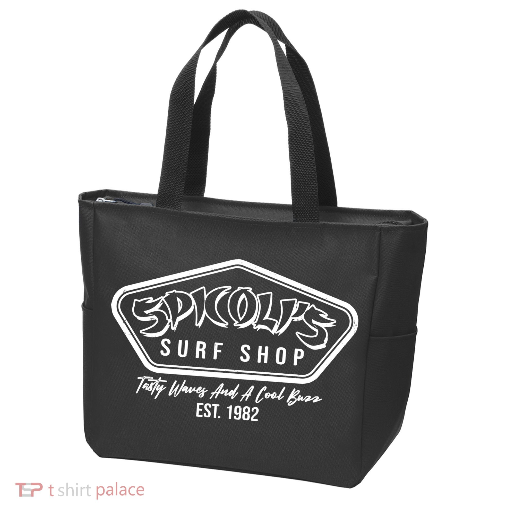Spicolis Surf Shop Tasty Waves And A Cool Buzz Est 1982 Tote Bag