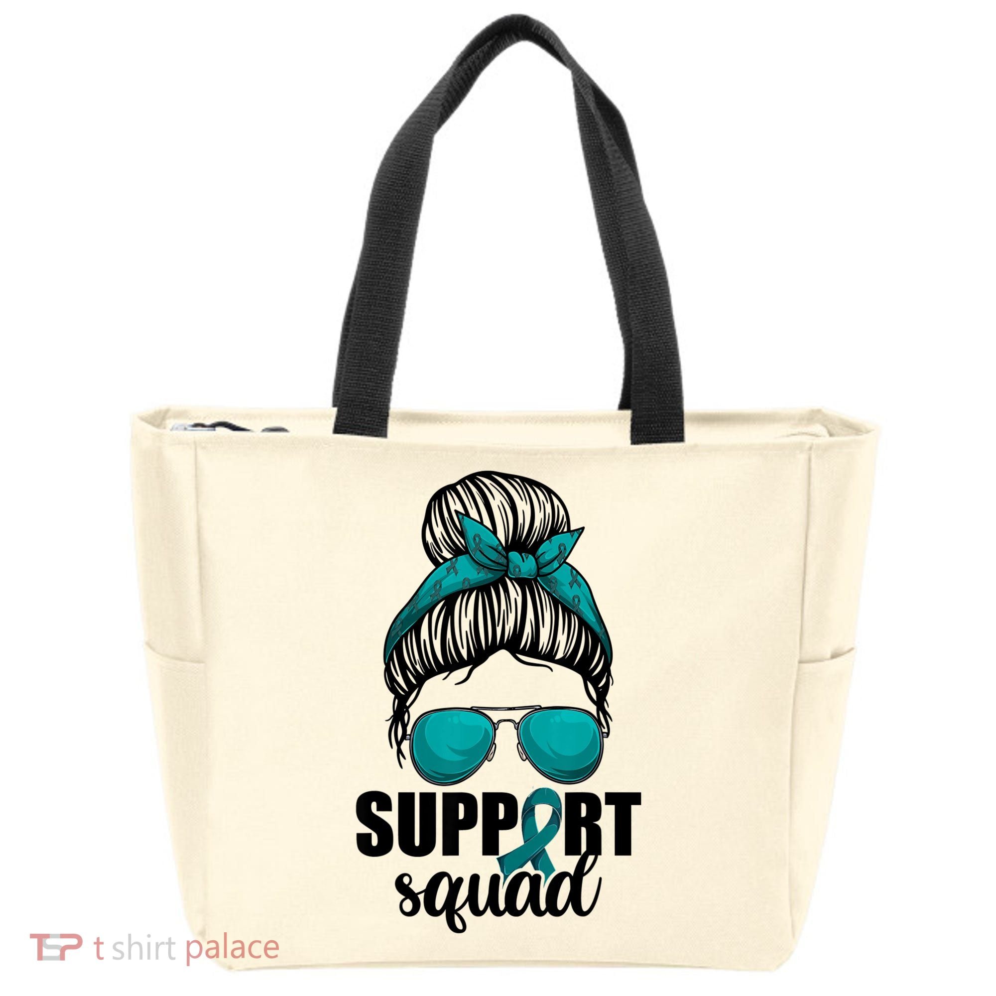 Support Squad Shirts Ovarian Cancer Messy Bun Tote Bag