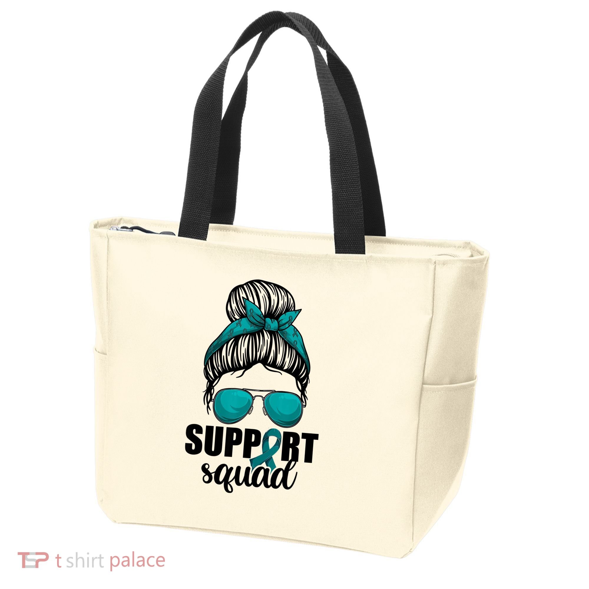 Support Squad Shirts Ovarian Cancer Messy Bun Tote Bag