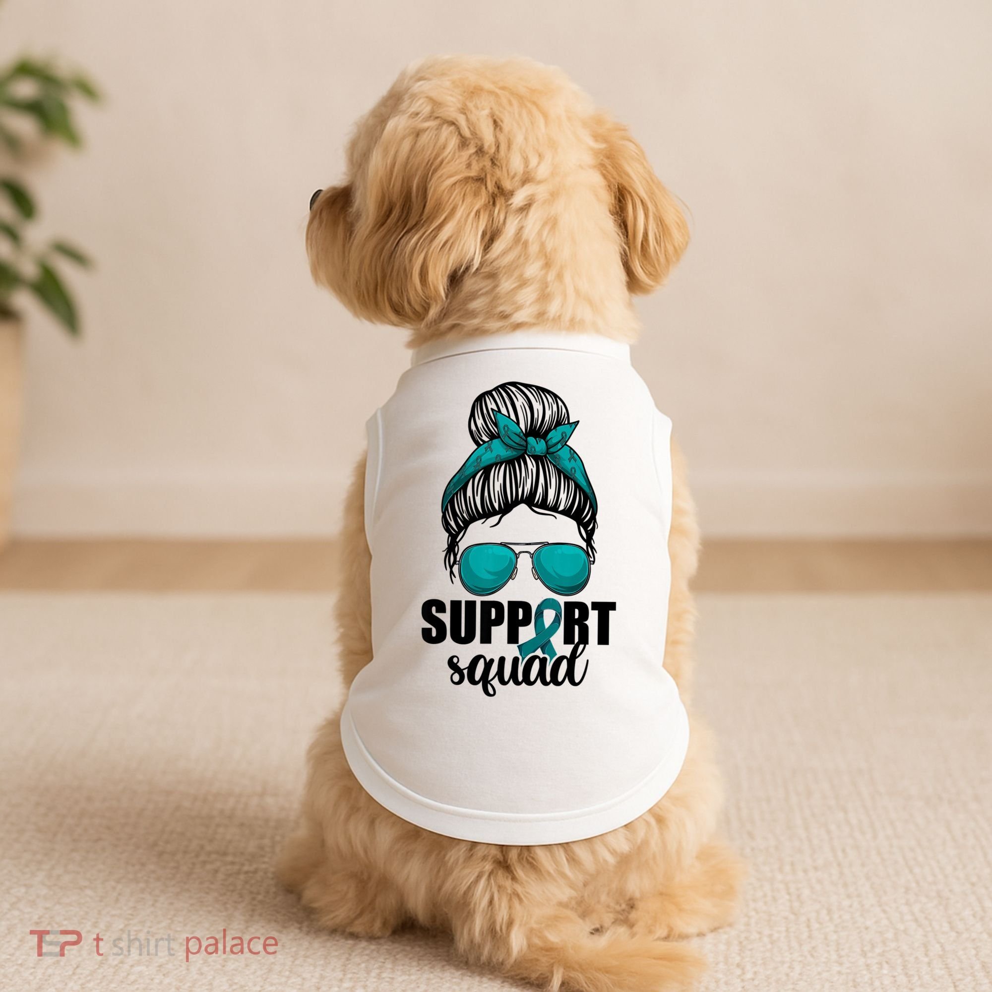 Support Squad Shirts Ovarian Cancer Messy Bun Doggie Tank