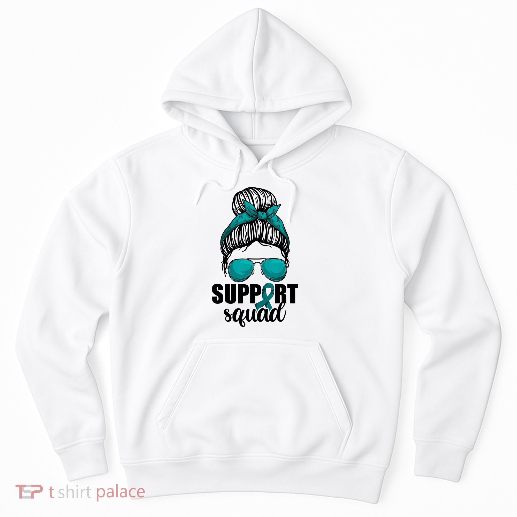 Support Squad Shirts Ovarian Cancer Messy Bun Hoodie