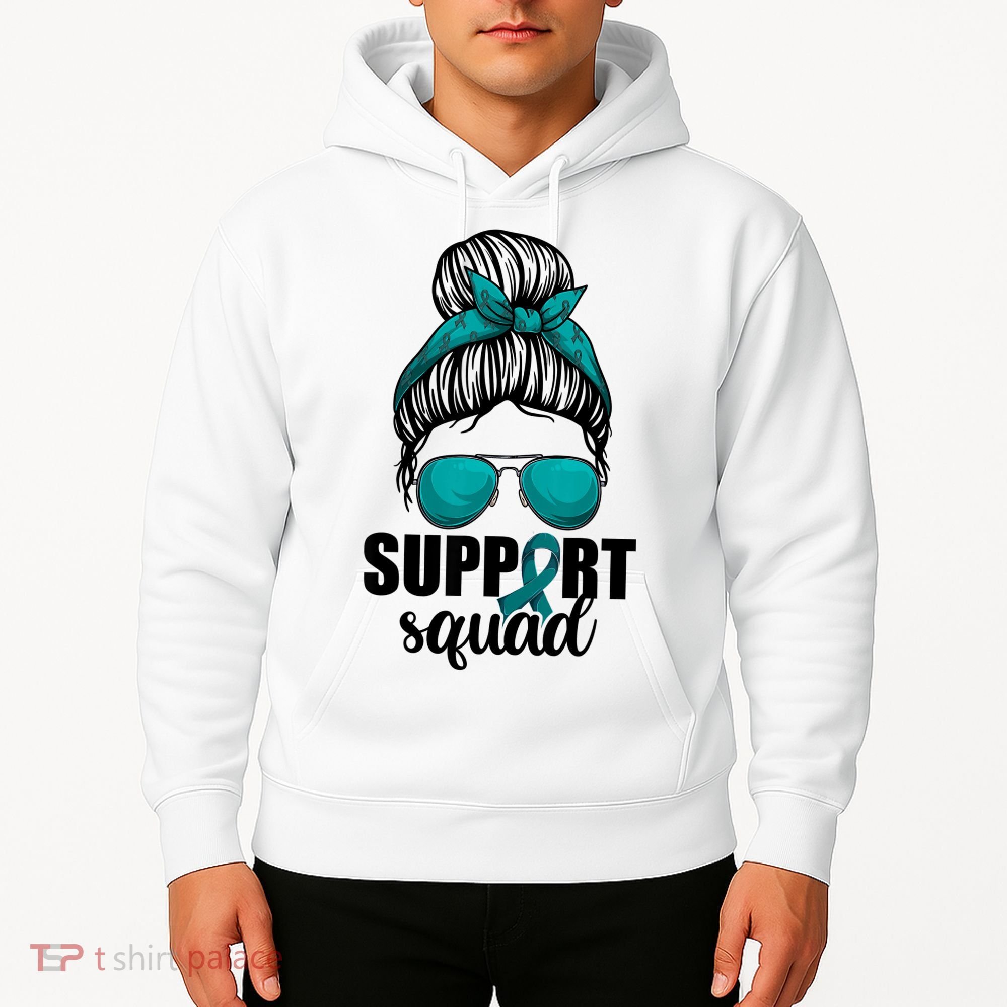 Support Squad Shirts Ovarian Cancer Messy Bun Hoodie