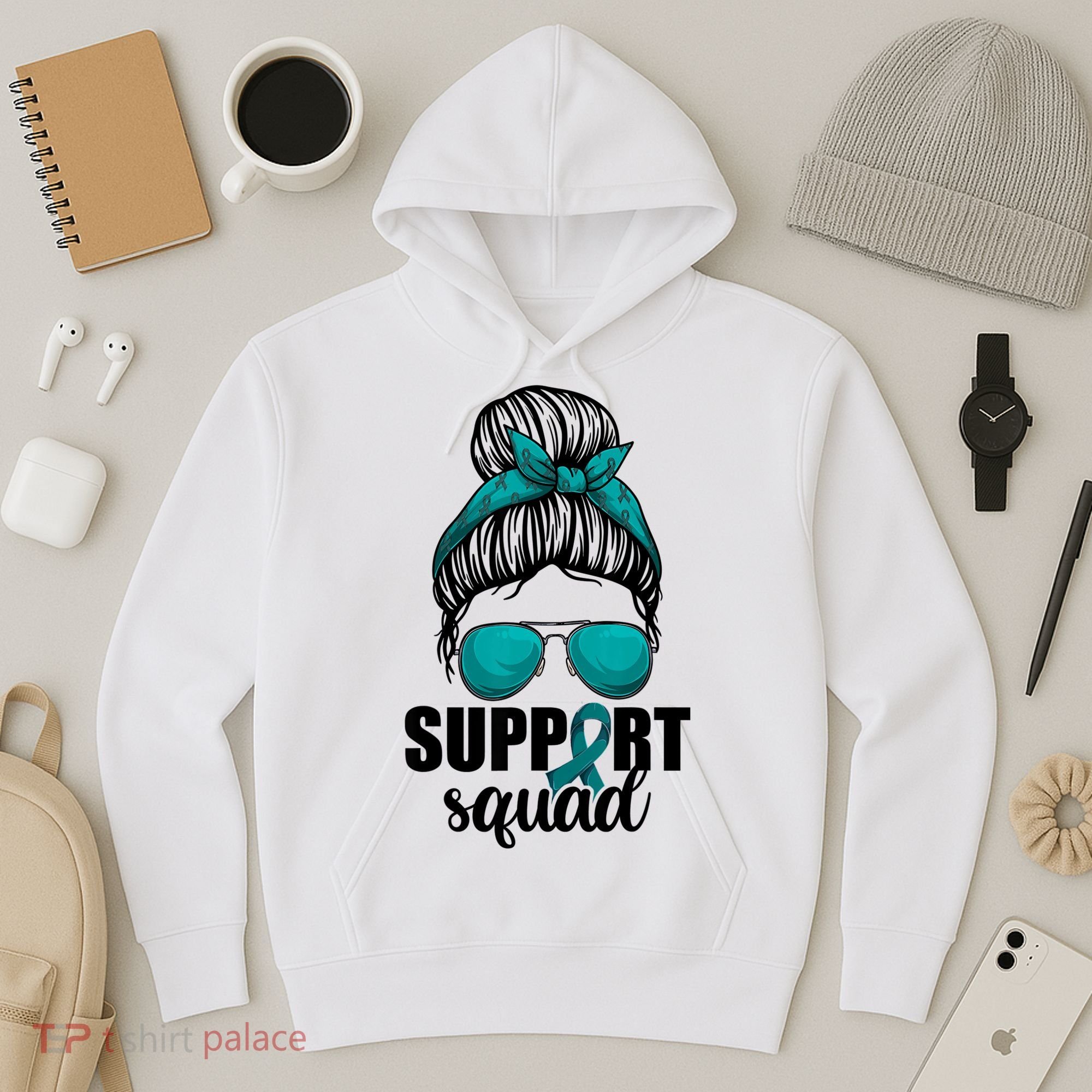 Support Squad Shirts Ovarian Cancer Messy Bun Hoodie