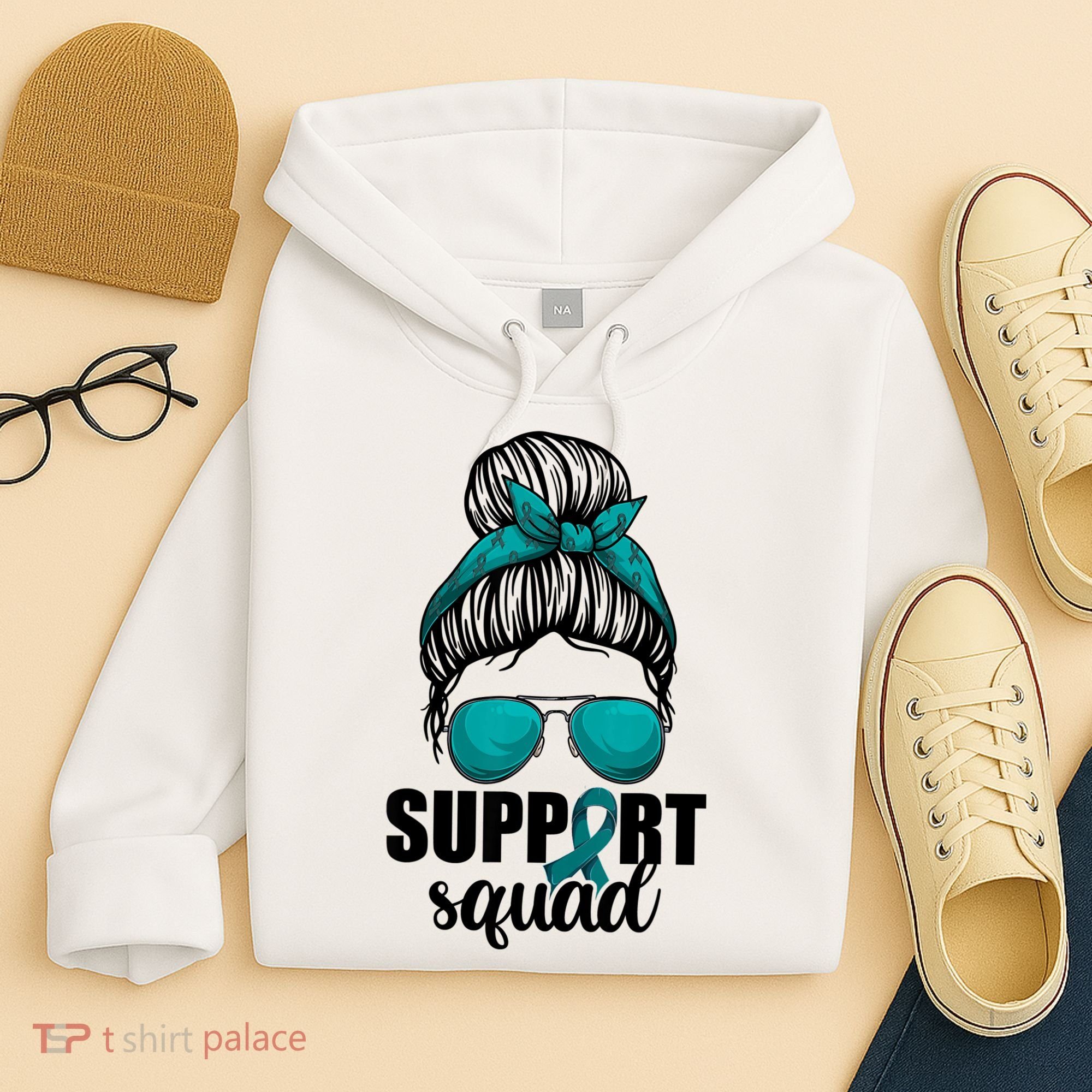 Support Squad Shirts Ovarian Cancer Messy Bun Hoodie
