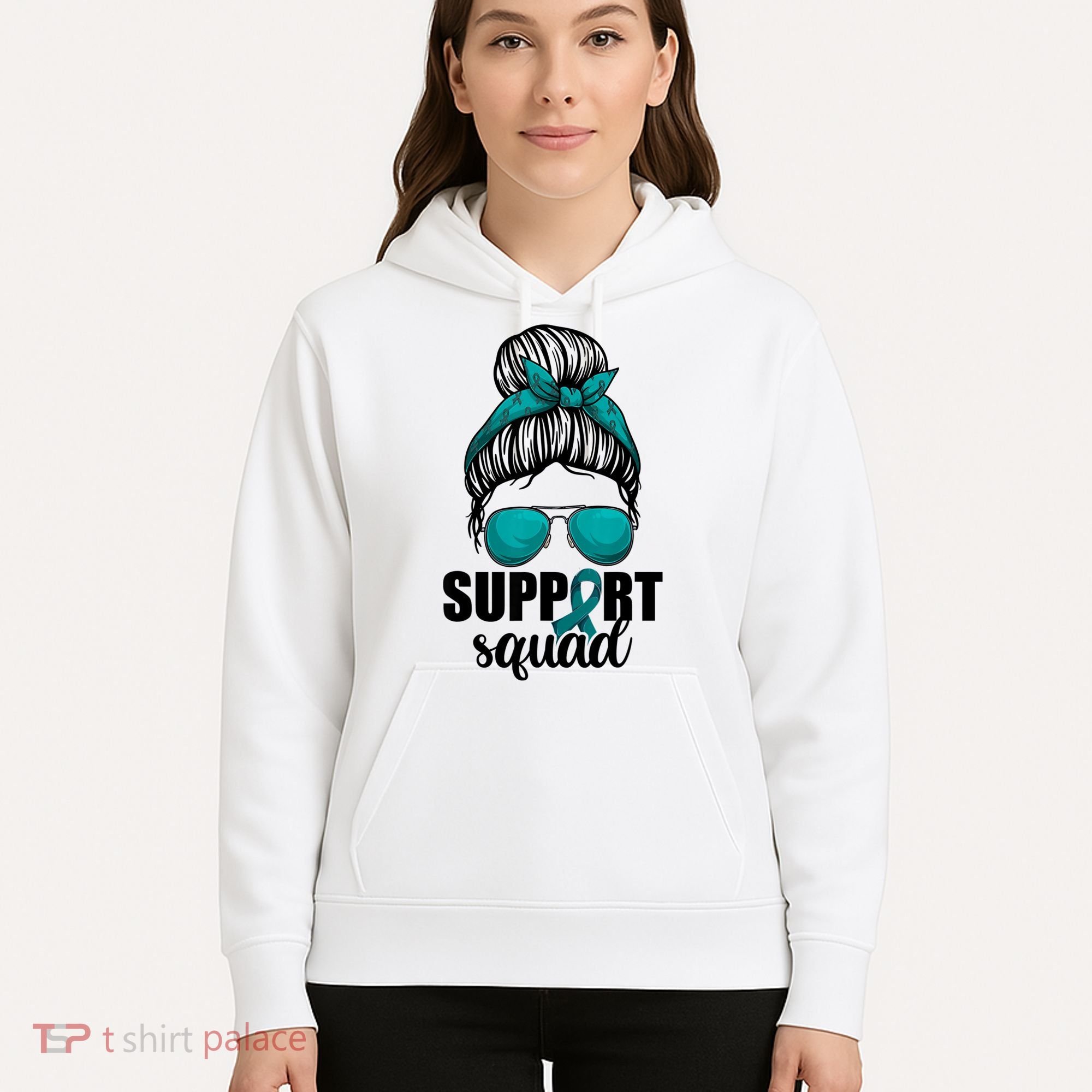 Support Squad Shirts Ovarian Cancer Messy Bun Hoodie