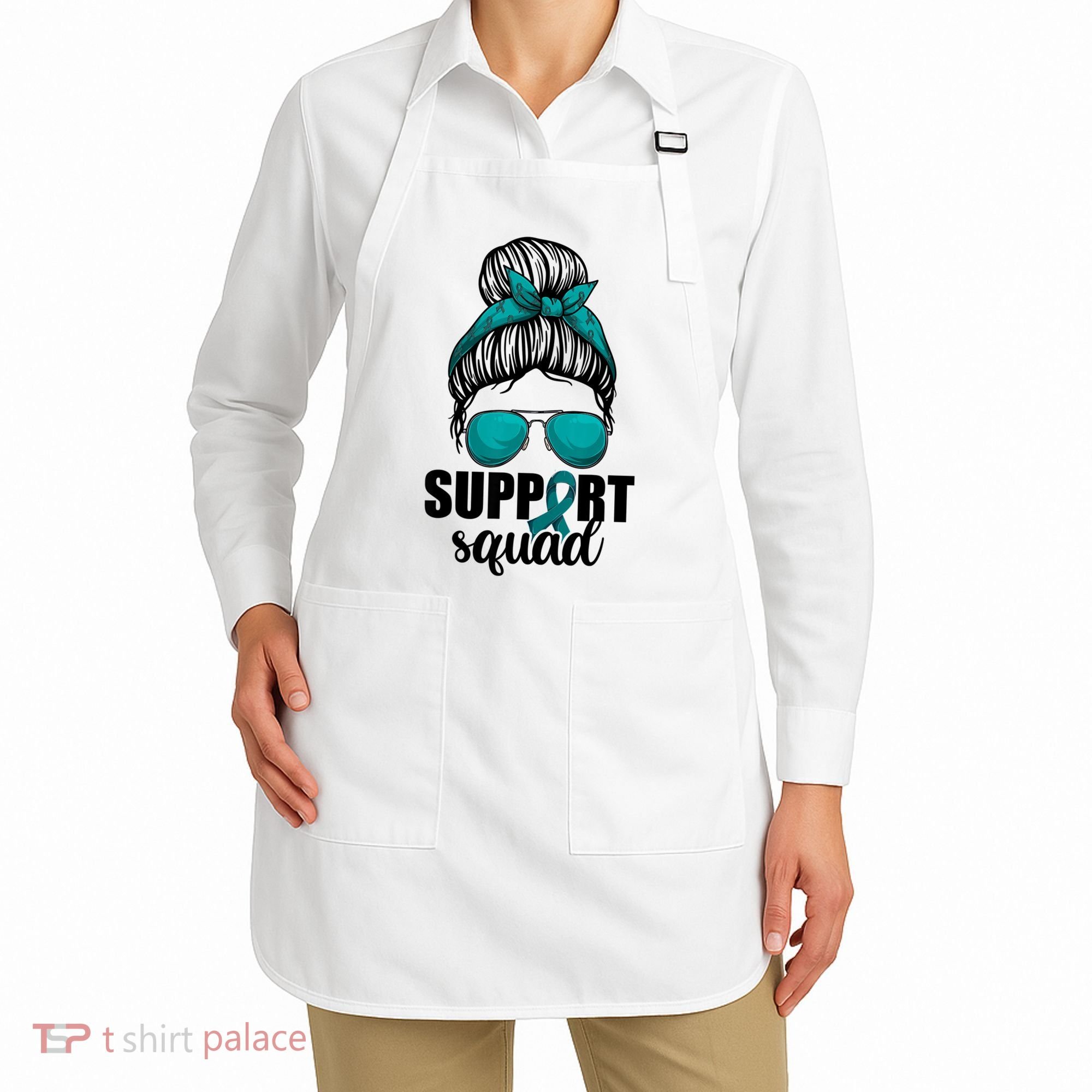 Support Squad Shirts Ovarian Cancer Messy Bun Apron