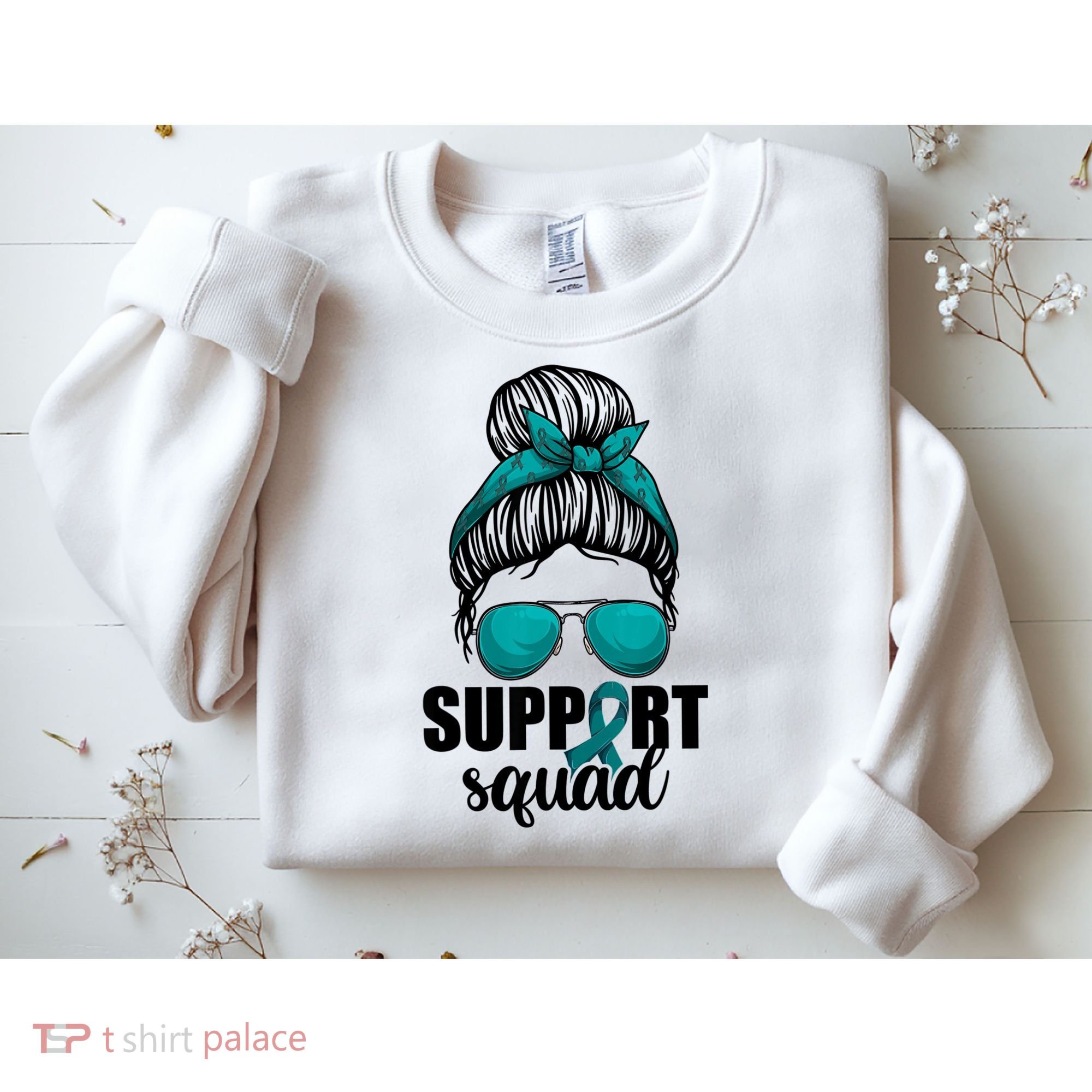 Support Squad Shirts Ovarian Cancer Messy Bun Sweatshirt