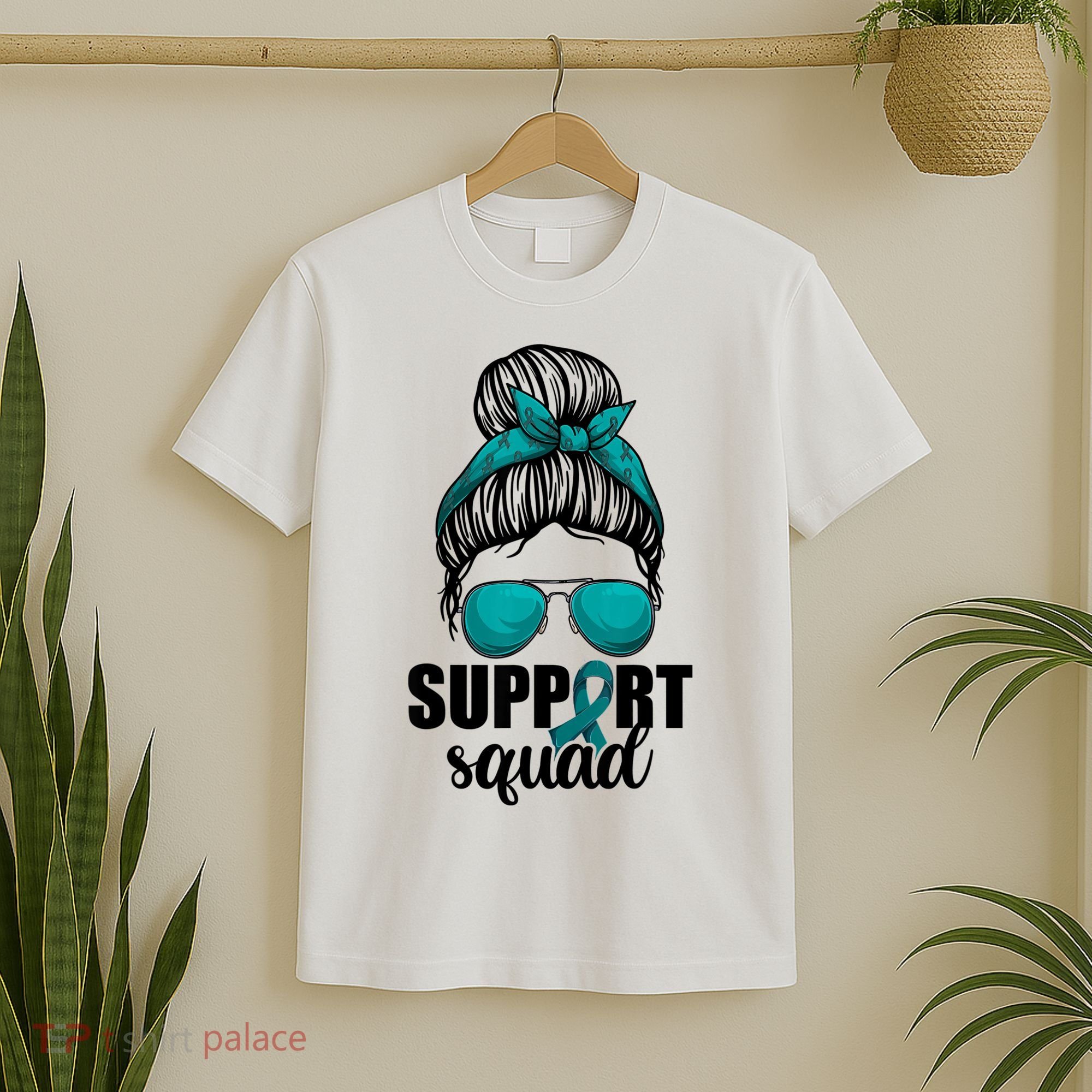 Support Squad Shirts Ovarian Cancer Messy Bun T-Shirt