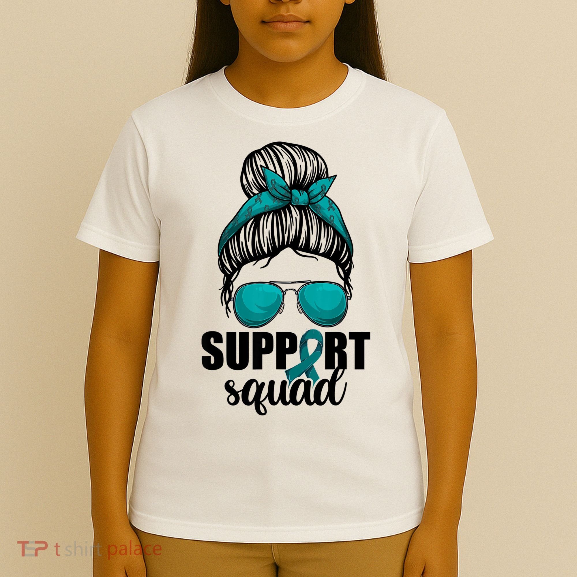 Support Squad Shirts Ovarian Cancer Messy Bun T-Shirt