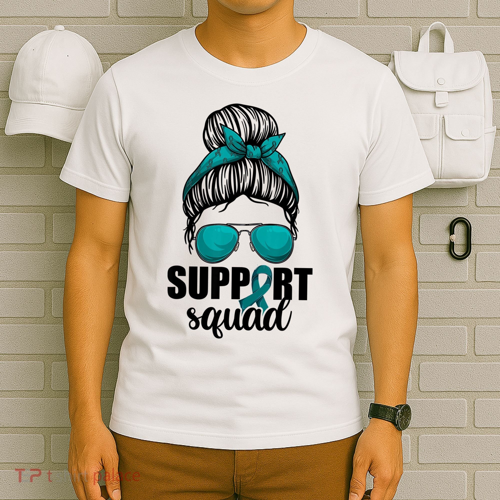 Support Squad Shirts Ovarian Cancer Messy Bun T-Shirt