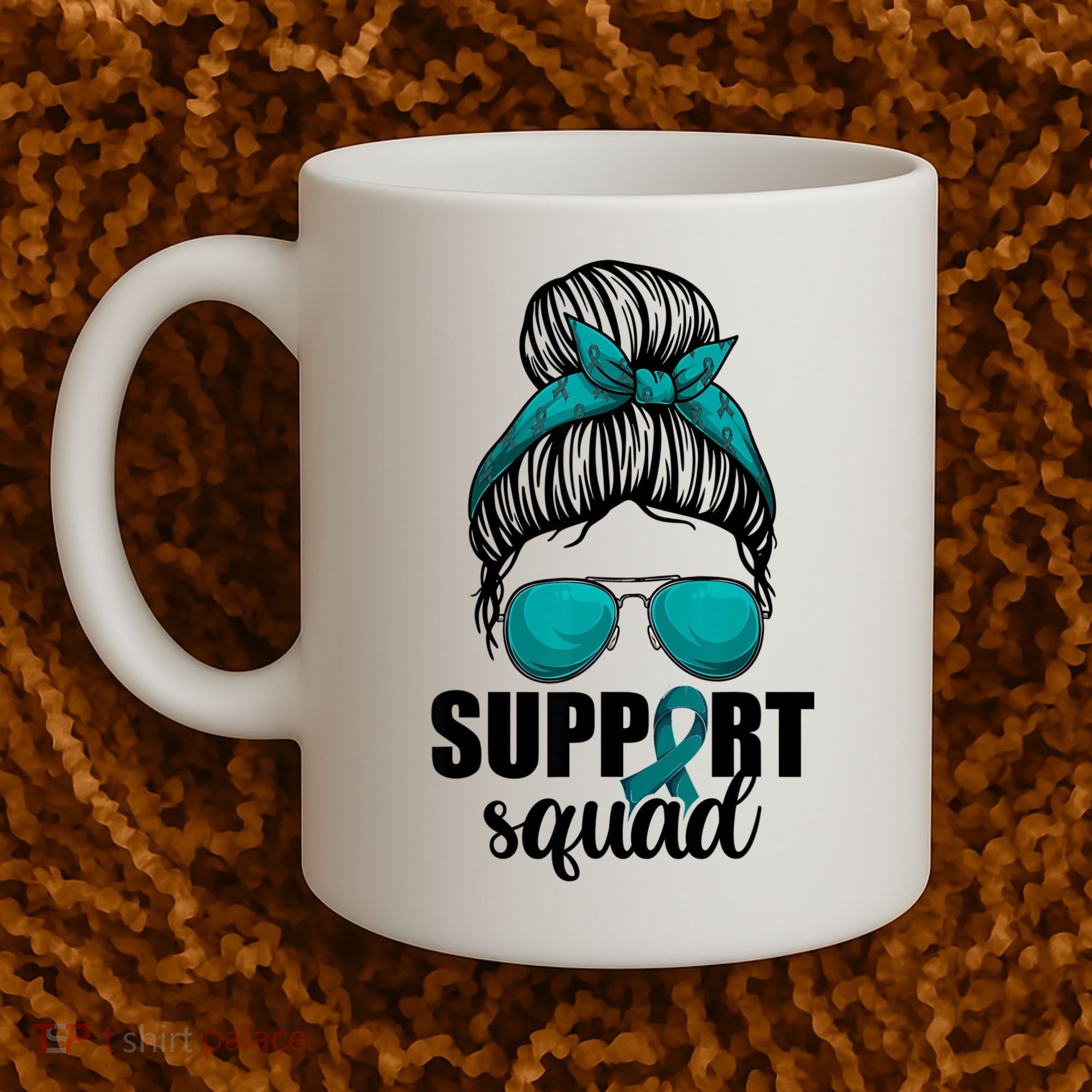 Support Squad Shirts Ovarian Cancer Messy Bun Coffee Mug
