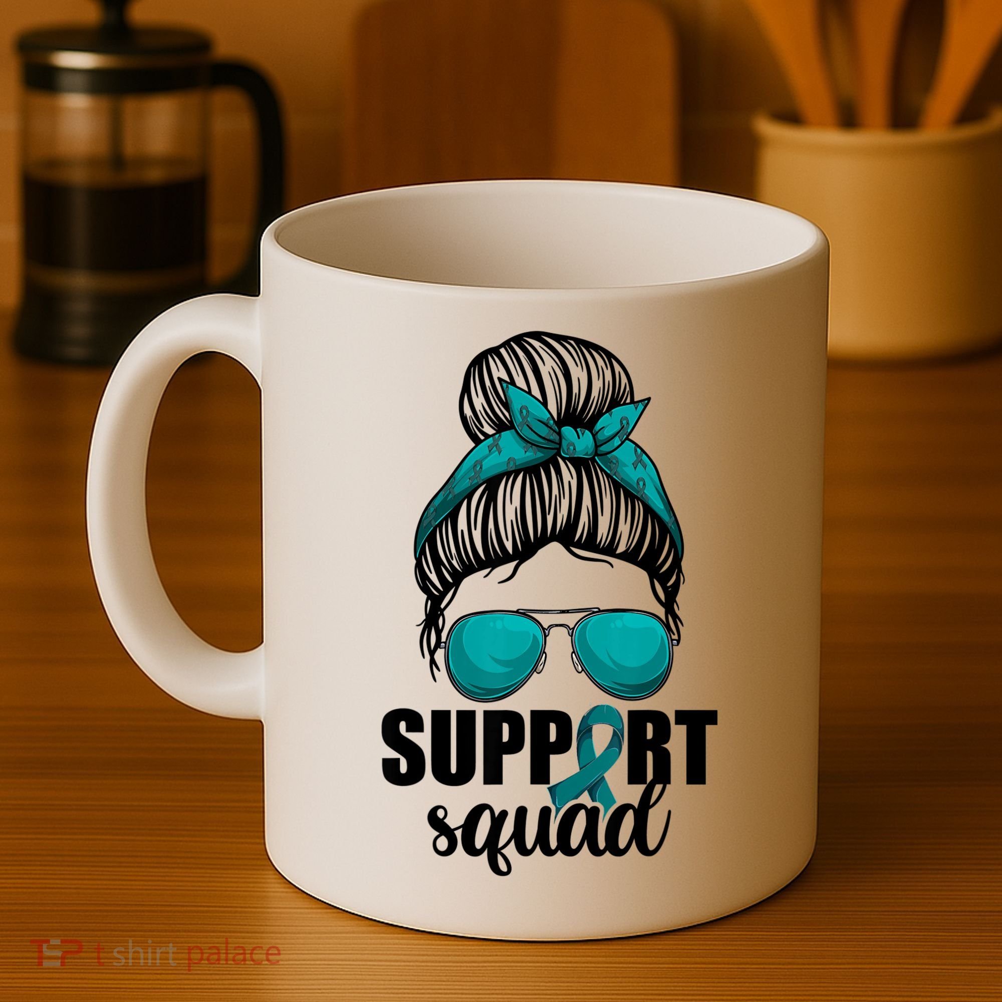 Support Squad Shirts Ovarian Cancer Messy Bun Coffee Mug