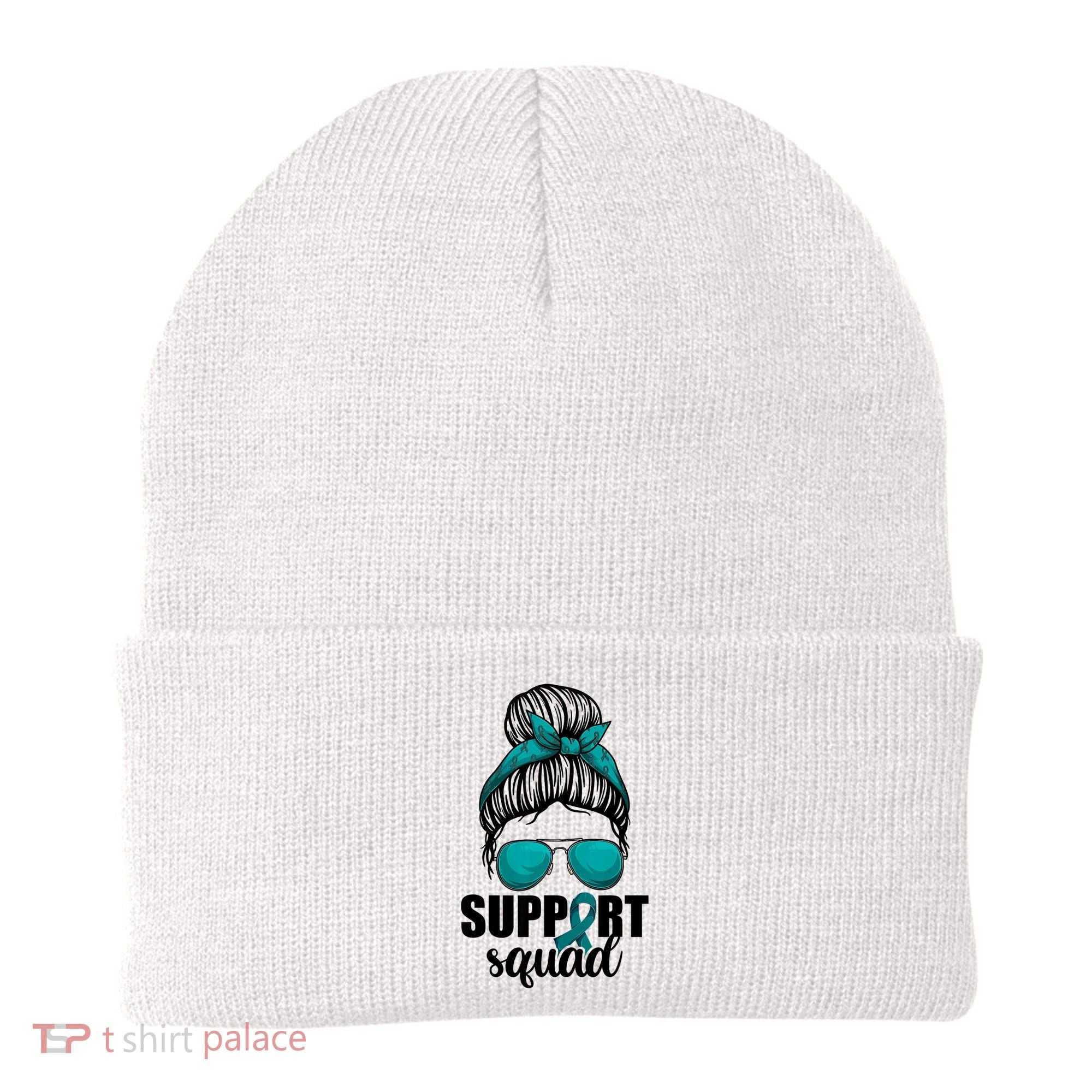 Support Squad Shirts Ovarian Cancer Messy Bun Beanie