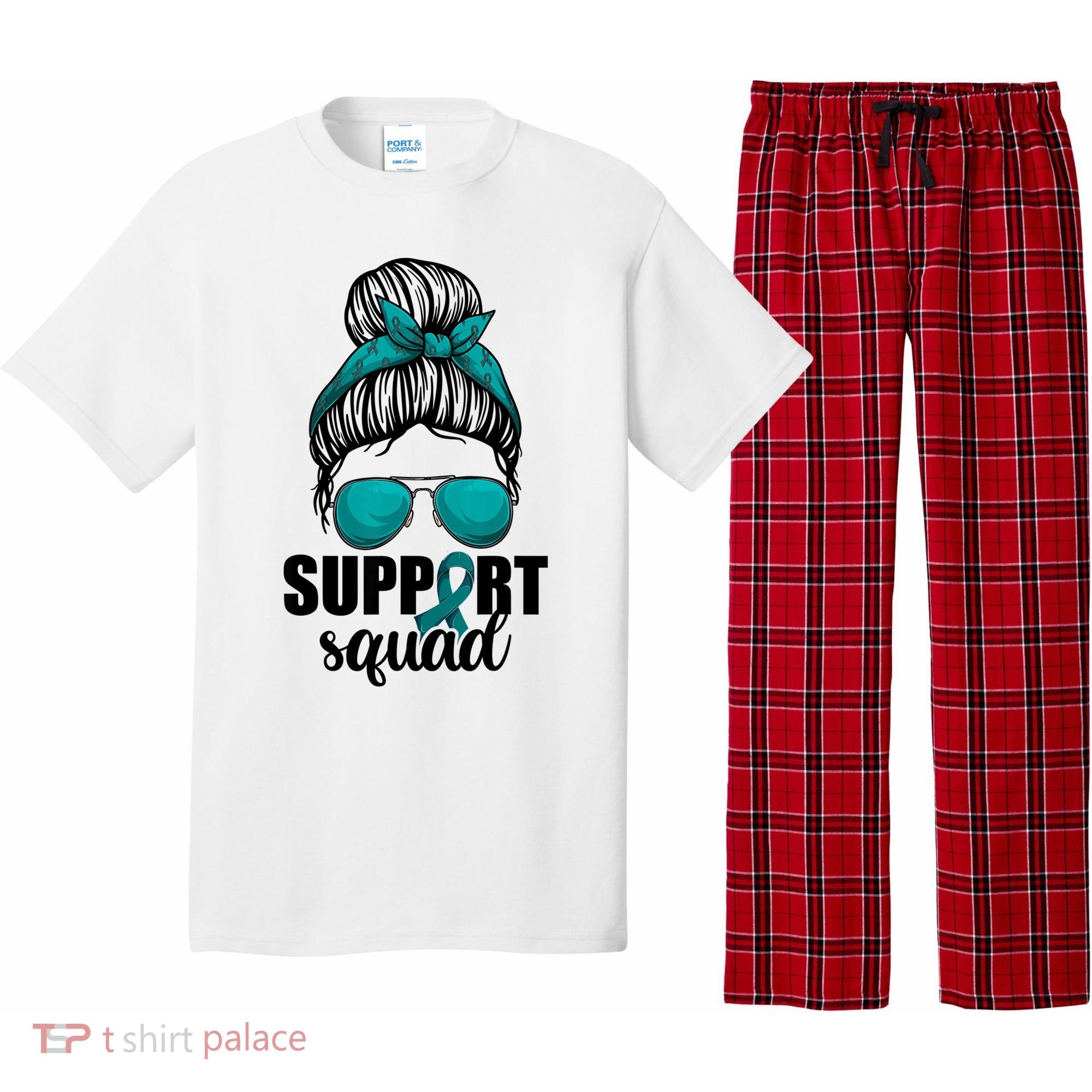 Support Squad Shirts Ovarian Cancer Messy Bun Pajama Set