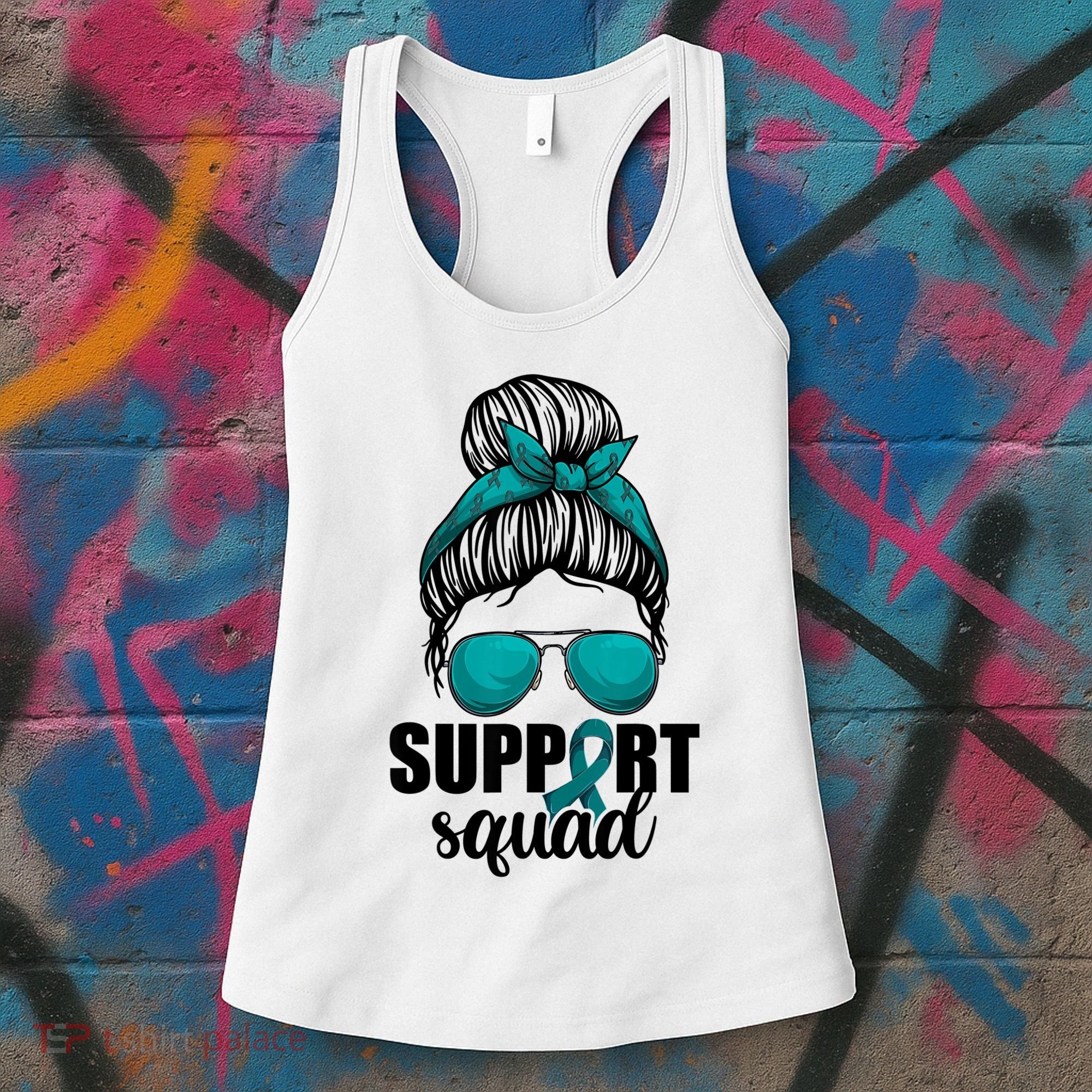 Support Squad Shirts Ovarian Cancer Messy Bun Women's Tank Top