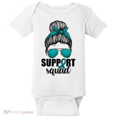 Support Squad Shirts Ovarian Cancer Messy Bun Baby Bodysuit