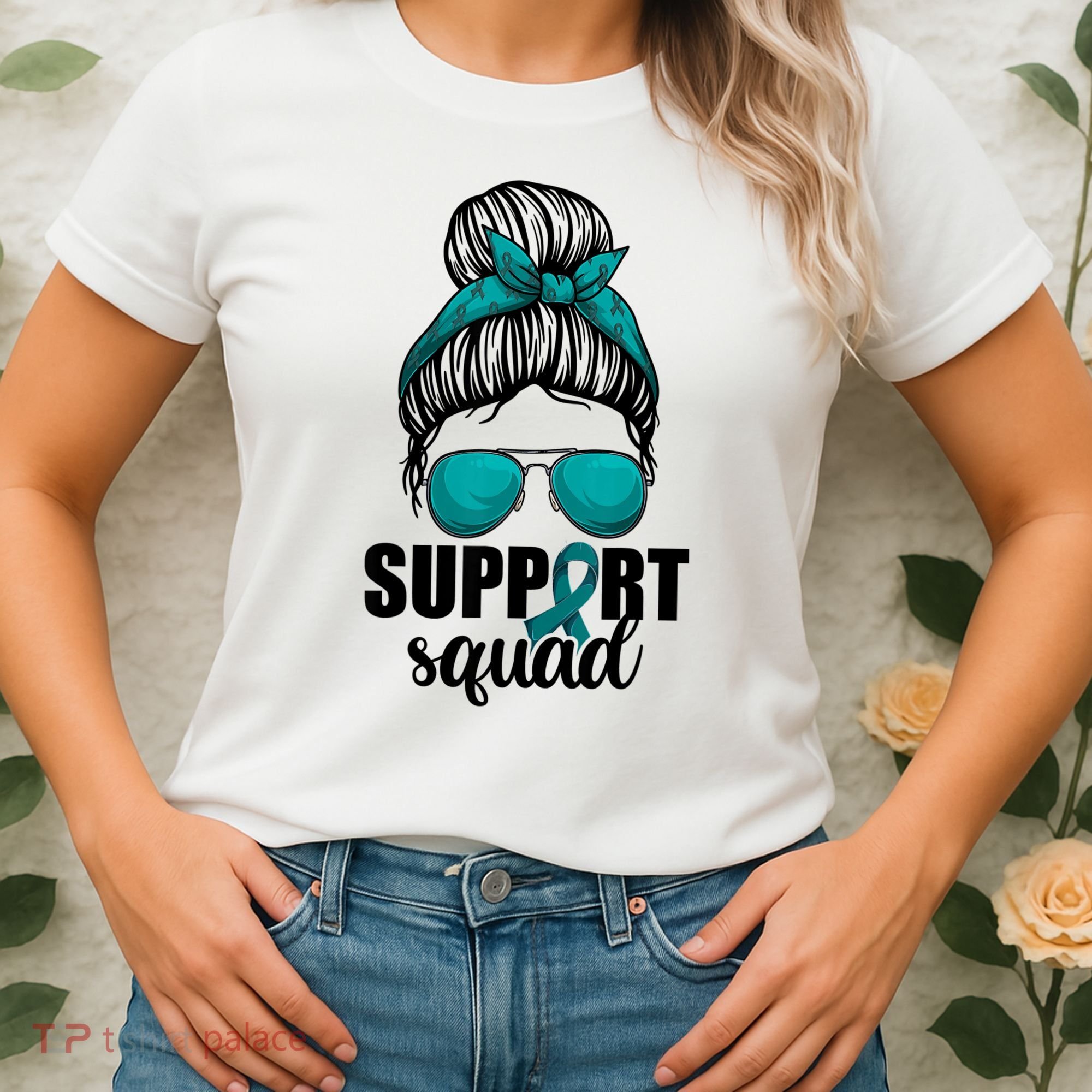 Support Squad Shirts Ovarian Cancer Messy Bun Women's T-Shirt