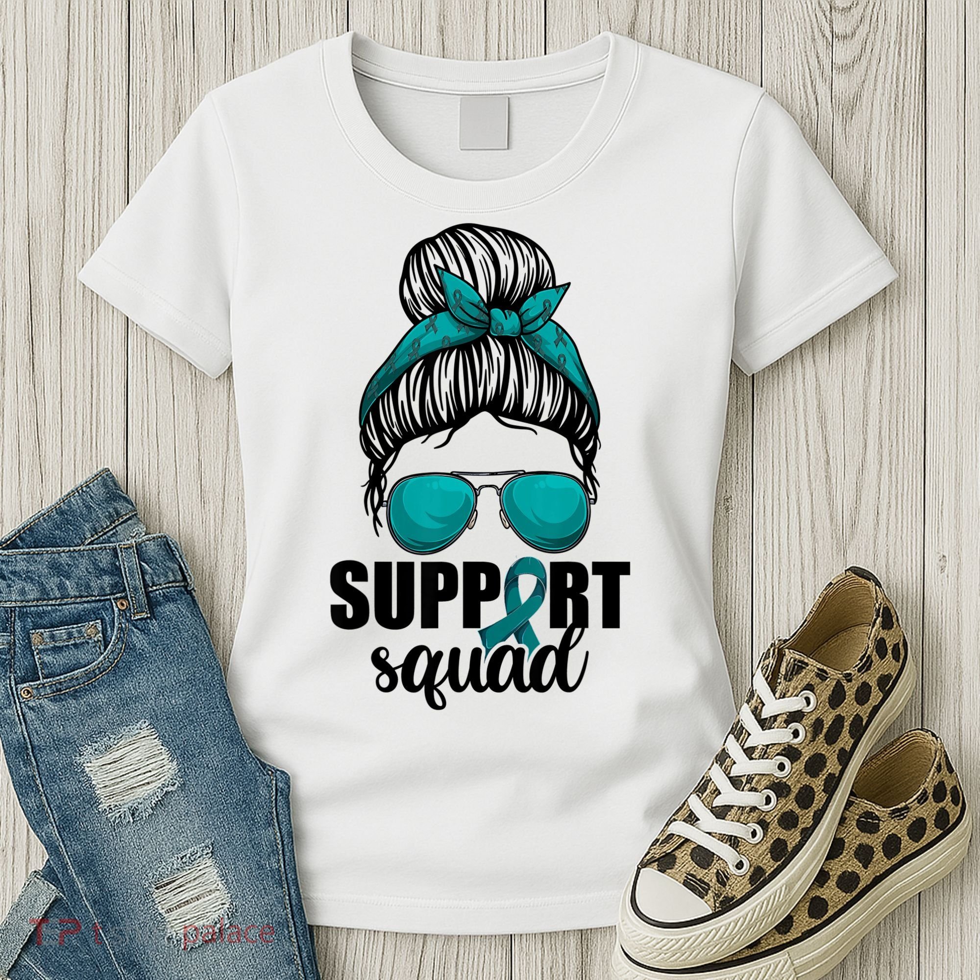 Support Squad Shirts Ovarian Cancer Messy Bun Women's T-Shirt