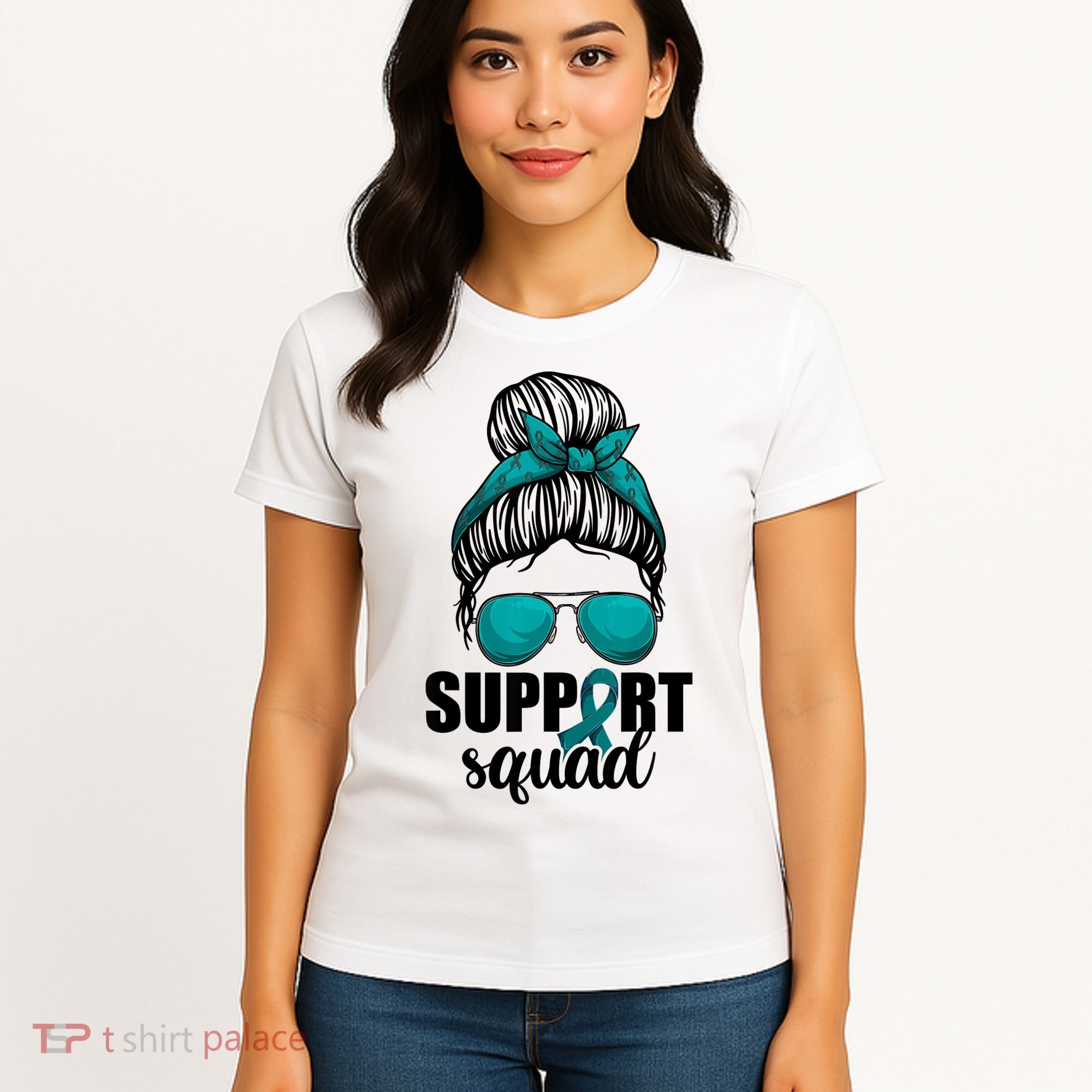 Support Squad Shirts Ovarian Cancer Messy Bun Women's T-Shirt