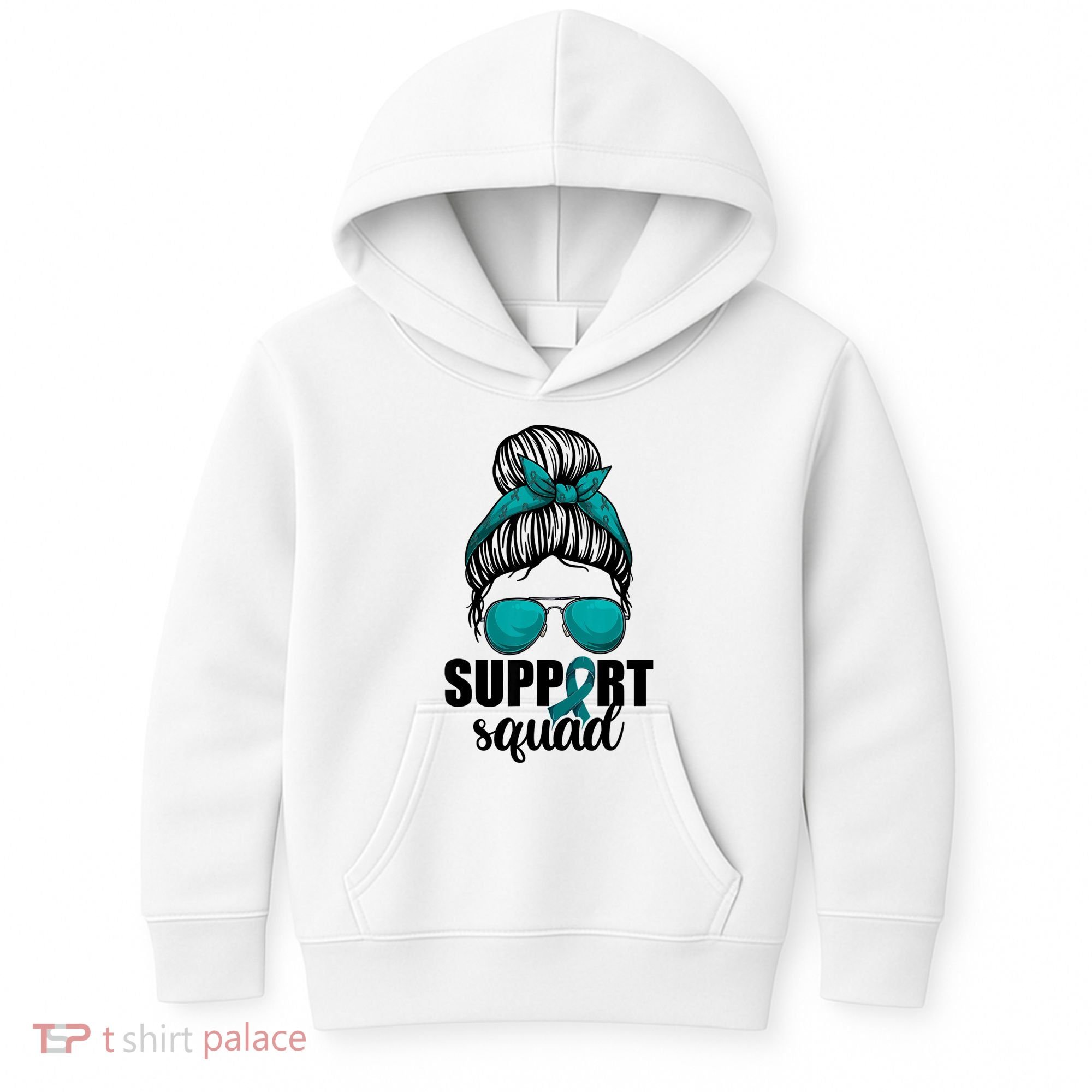Support Squad Shirts Ovarian Cancer Messy Bun Kids Hoodie
