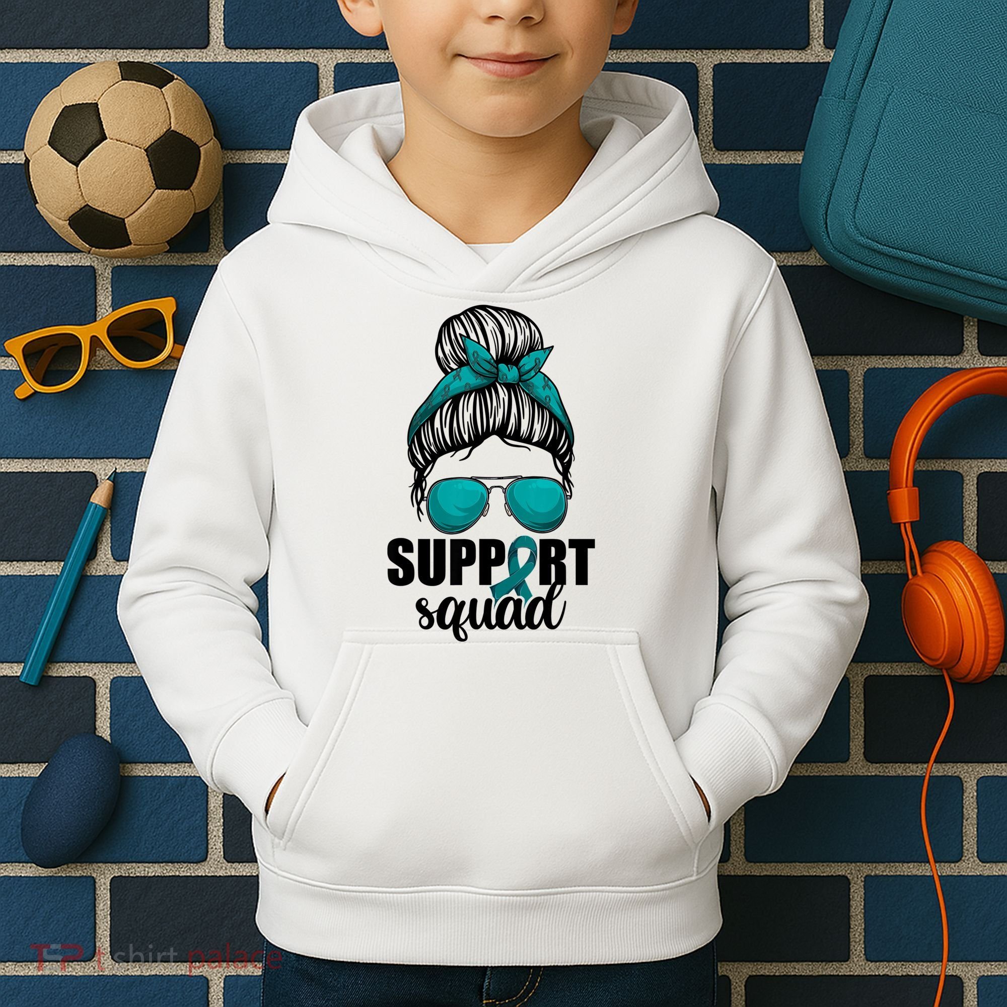 Support Squad Shirts Ovarian Cancer Messy Bun Kids Hoodie