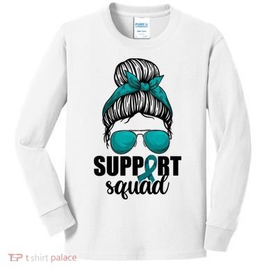 Support Squad Shirts Ovarian Cancer Messy Bun Kids Long Sleeve Shirt