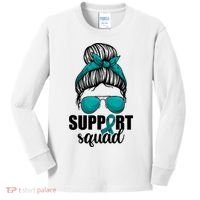 Support Squad Shirts Ovarian Cancer Messy Bun Kids Long Sleeve Shirt thumb 0