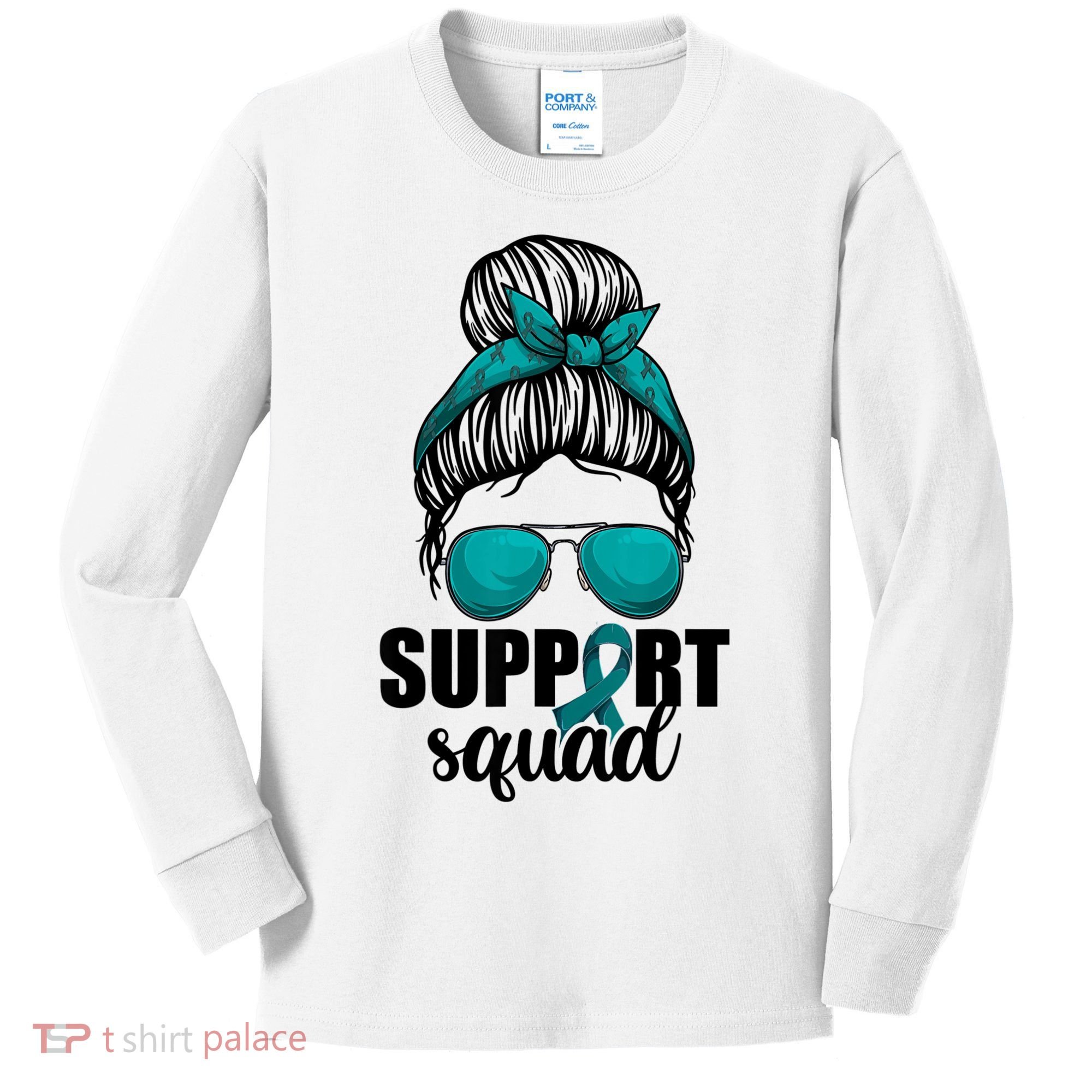 Support Squad Shirts Ovarian Cancer Messy Bun Kids Long Sleeve Shirt