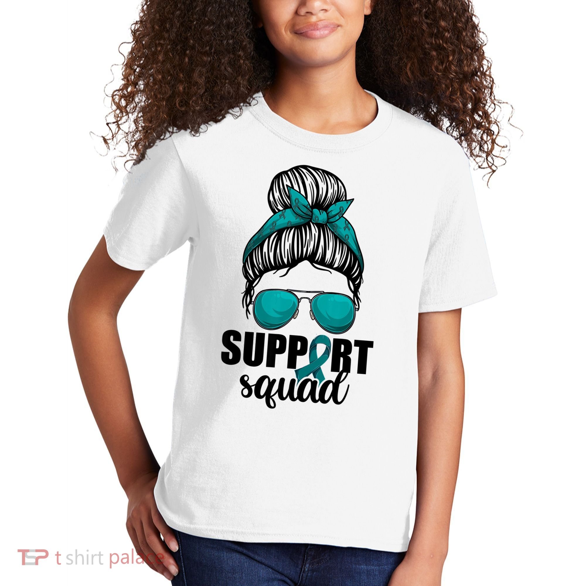 Support Squad Shirts Ovarian Cancer Messy Bun Kids T-Shirt