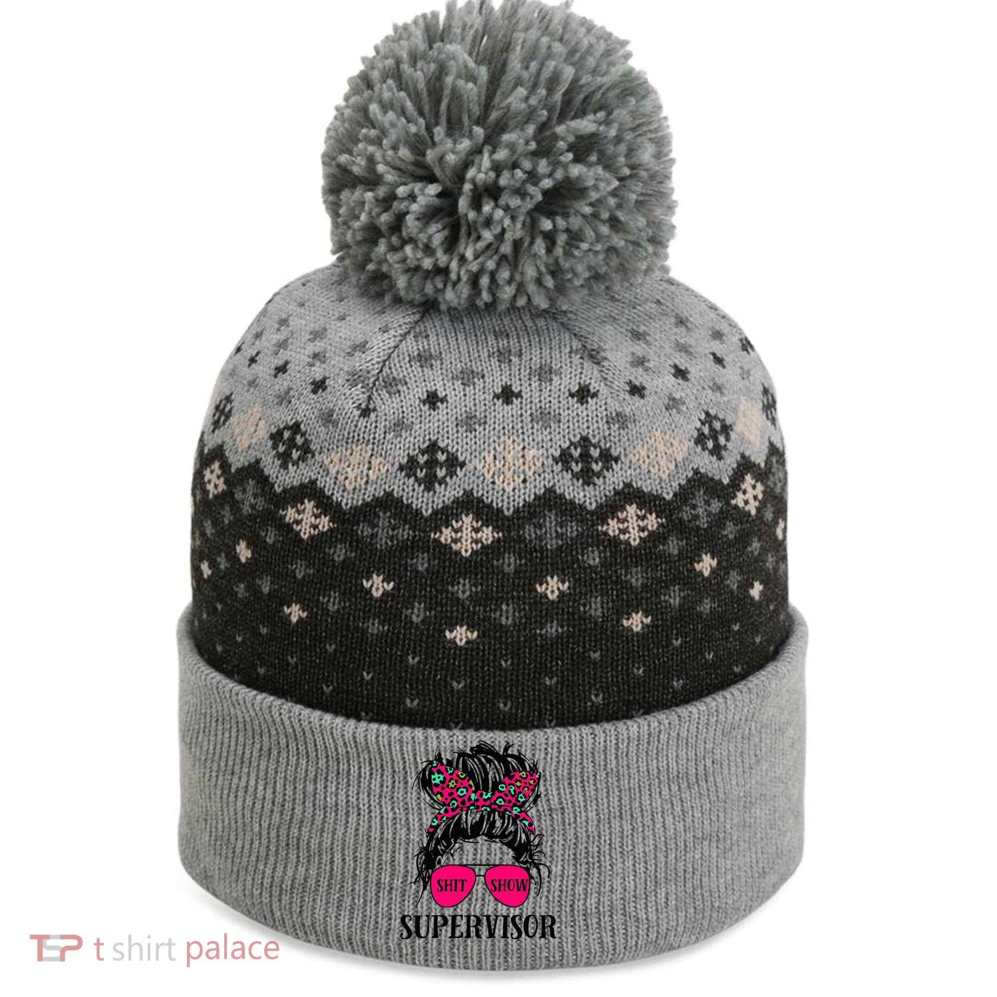 Shit Show Supervisor Tee Women Casual Messy Bun Bleached The Baniff Cuffed Pom Beanie