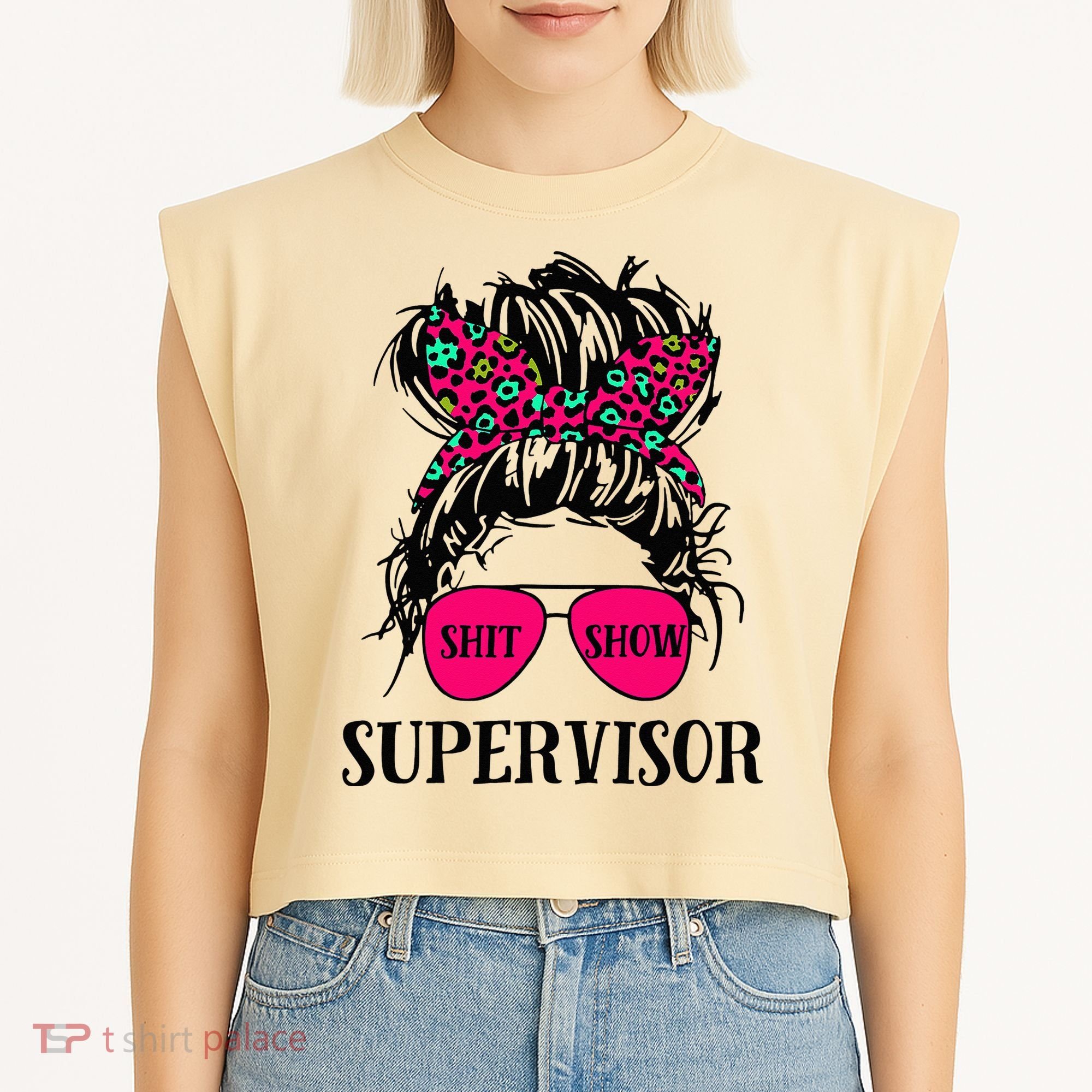 Shit Show Supervisor Tee Women Casual Messy Bun Bleached Garment-Dyed Women's Muscle Tee