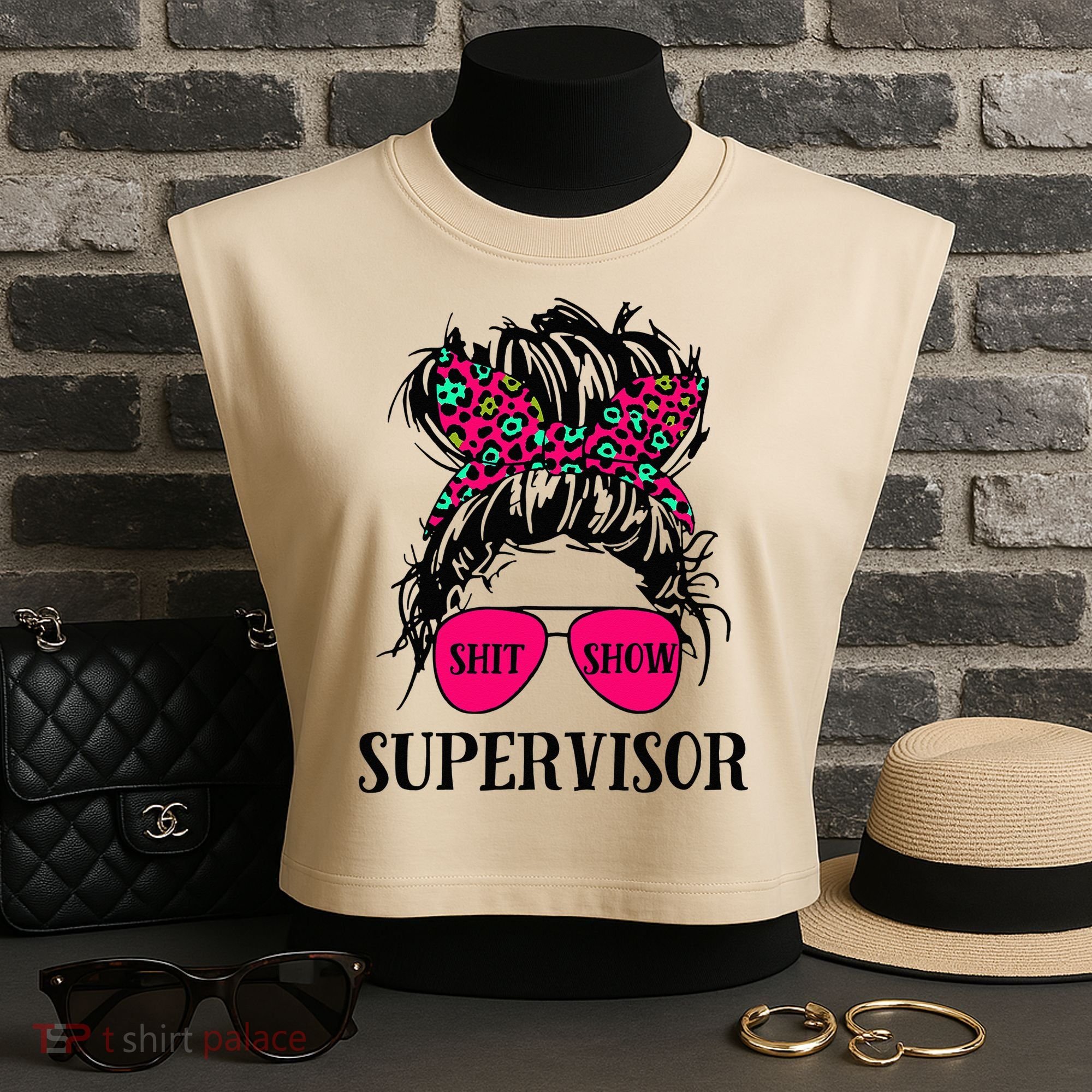 Shit Show Supervisor Tee Women Casual Messy Bun Bleached Garment-Dyed Women's Muscle Tee