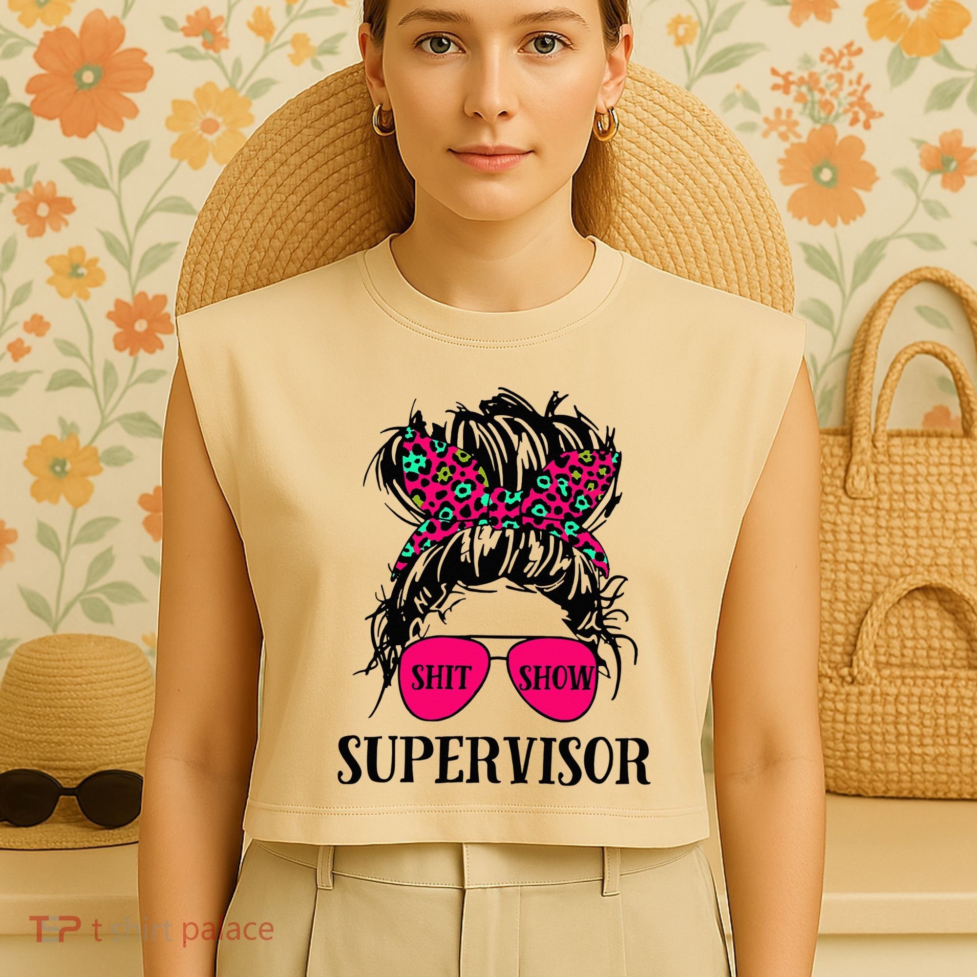 Shit Show Supervisor Tee Women Casual Messy Bun Bleached Garment-Dyed Women's Muscle Tee