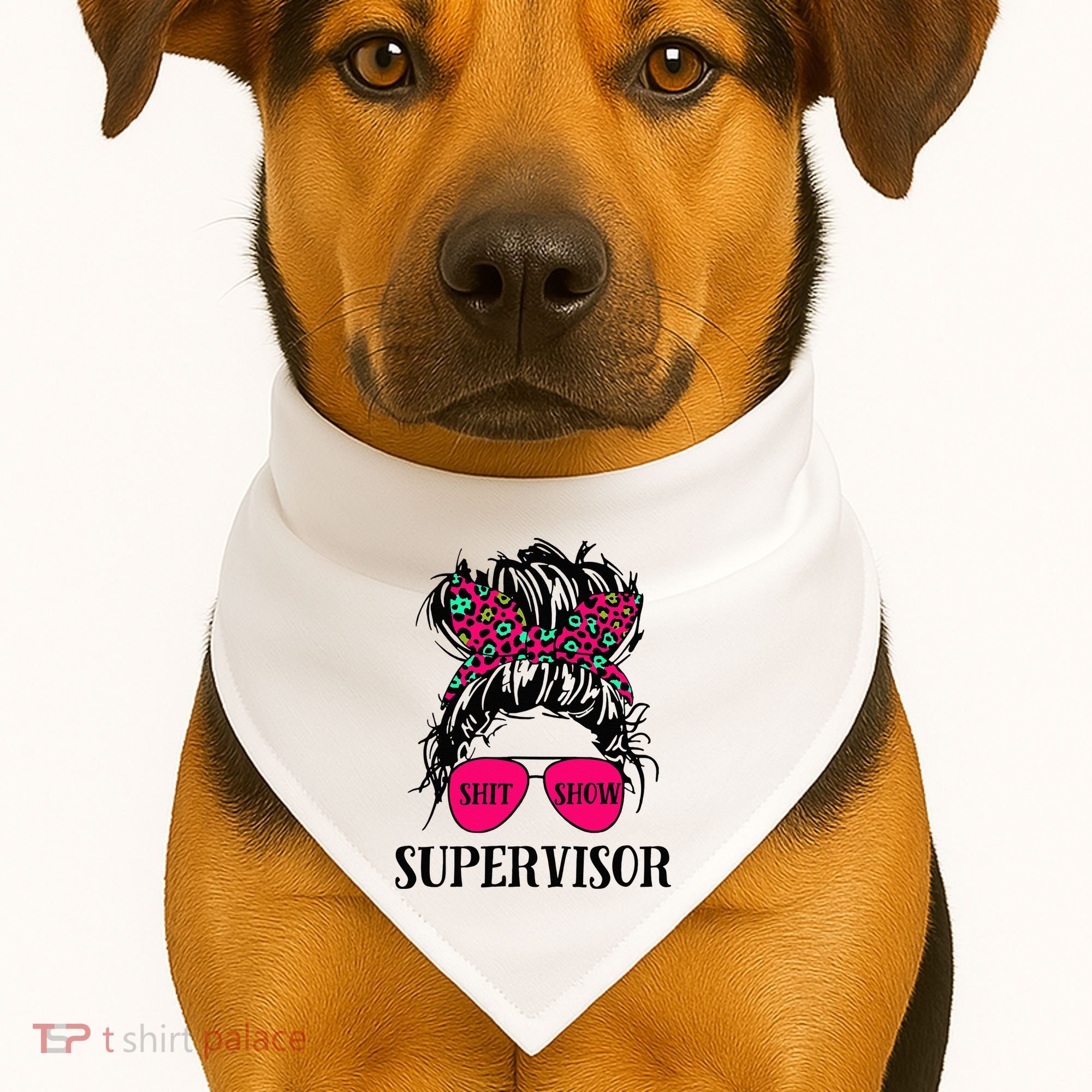 Shit Show Supervisor Tee Women Casual Messy Bun Bleached USA-Made Doggie Bandana