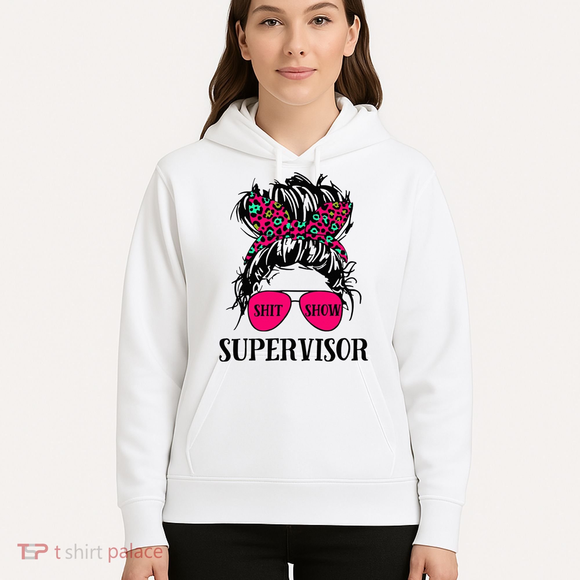 Shit Show Supervisor Tee Women Casual Messy Bun Bleached Hoodie