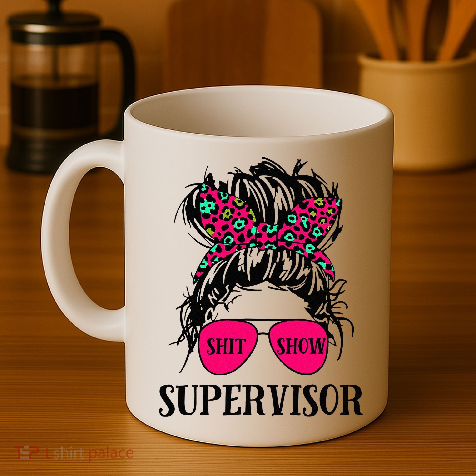 Shit Show Supervisor Tee Women Casual Messy Bun Bleached Coffee Mug