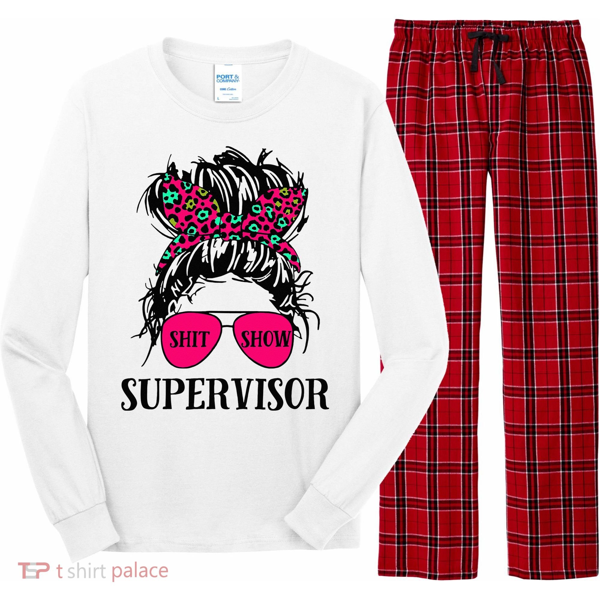 Shit Show Supervisor Tee Women Casual Messy Bun Bleached Long Sleeve Pajama Set