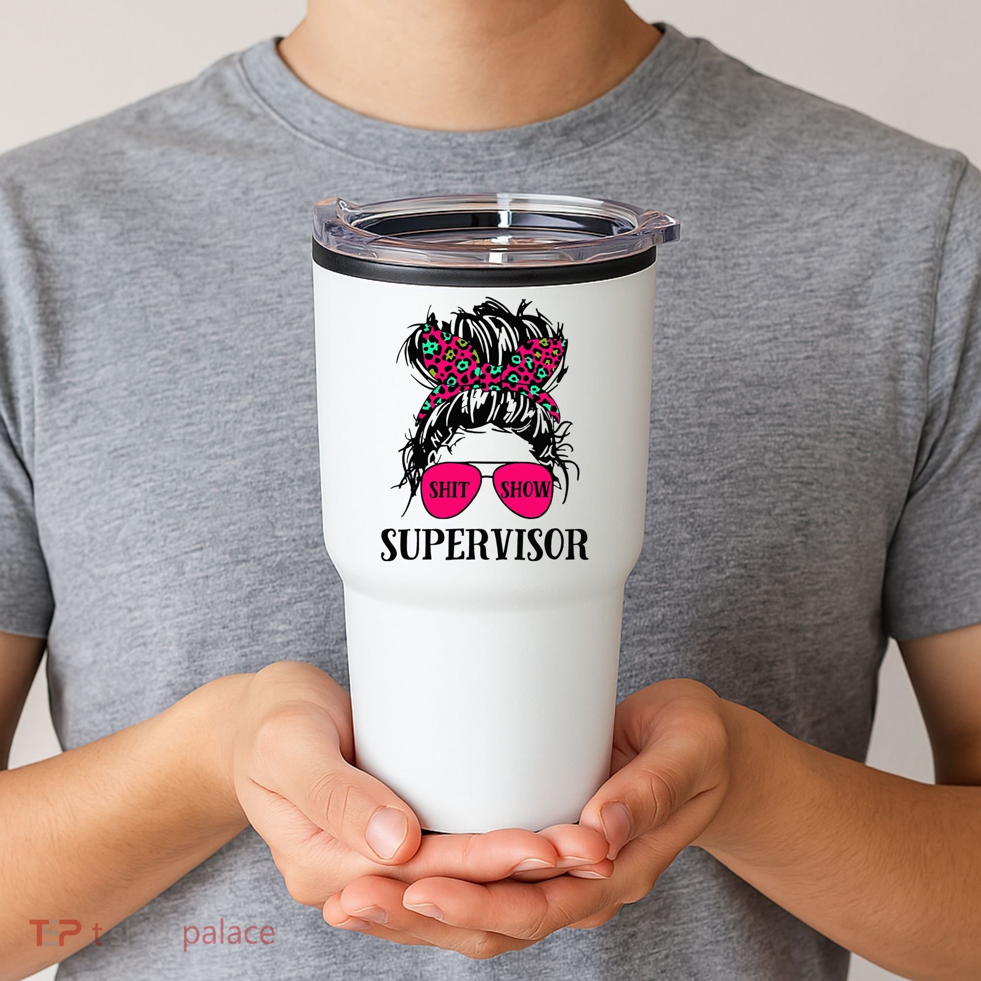 Shit Show Supervisor Tee Women Casual Messy Bun Bleached Tumbler