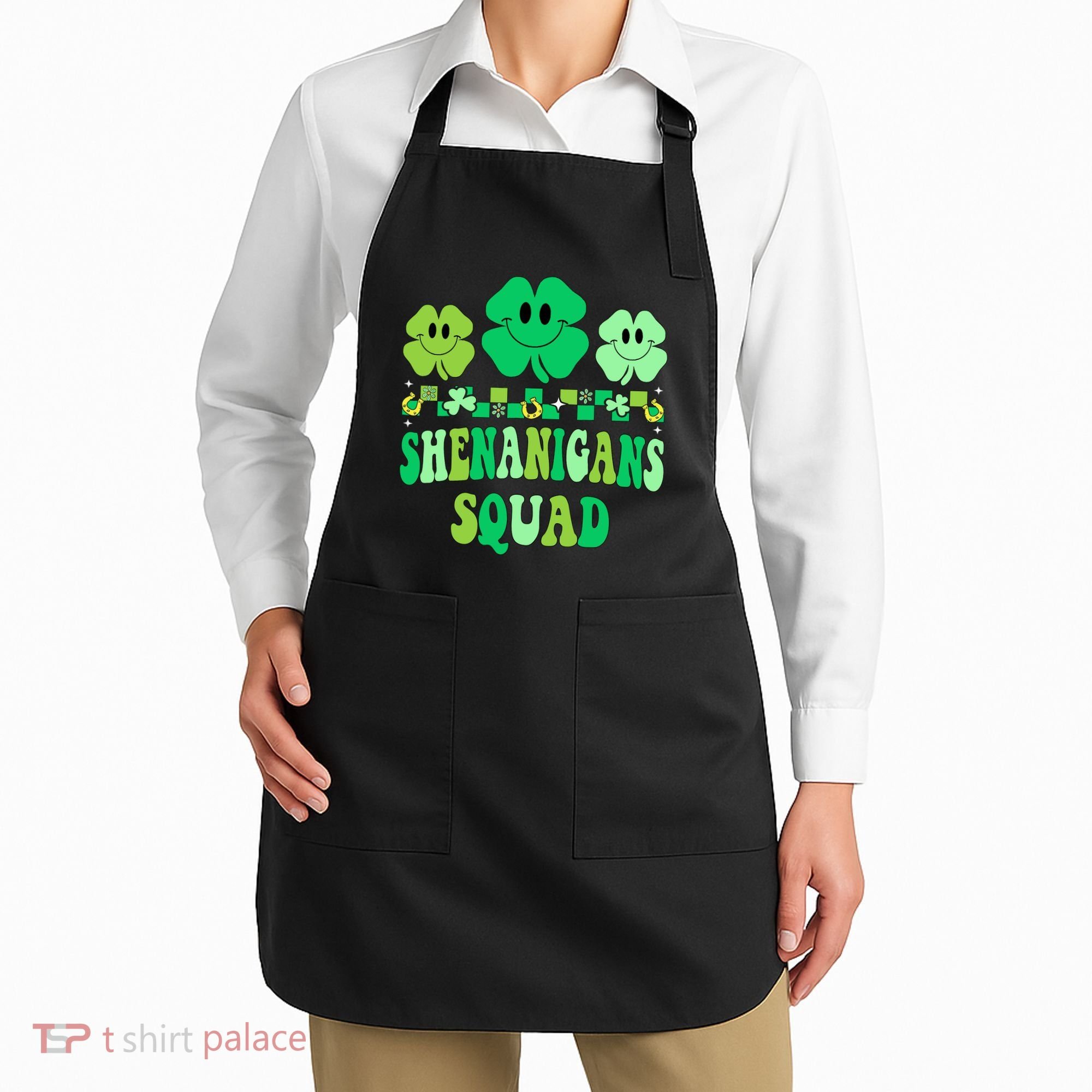 Shenanigans Squad St Patricks Day Boy Shamrock Groovy Retro Apron
