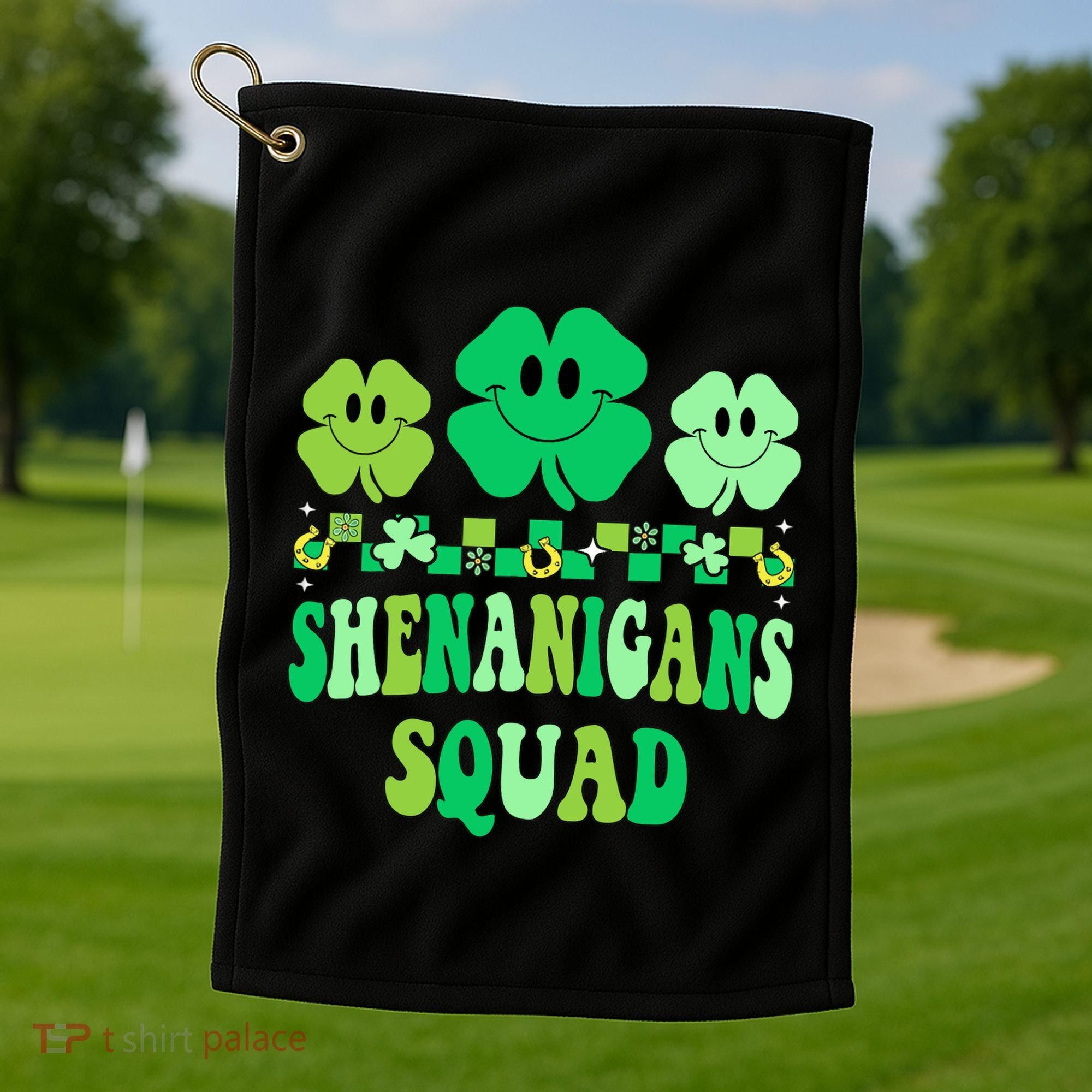 Shenanigans Squad St Patricks Day Boy Shamrock Groovy Retro Golf Towel