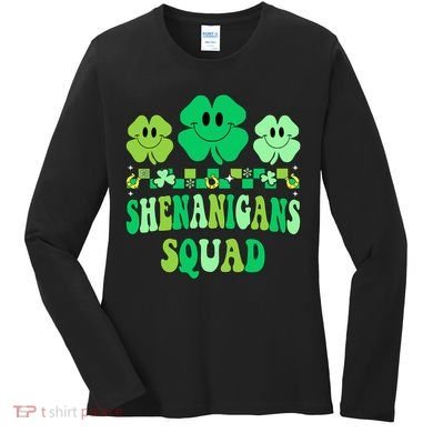 Shenanigans Squad St Patricks Day Boy Shamrock Groovy Retro Women's Long Sleeve Shirt